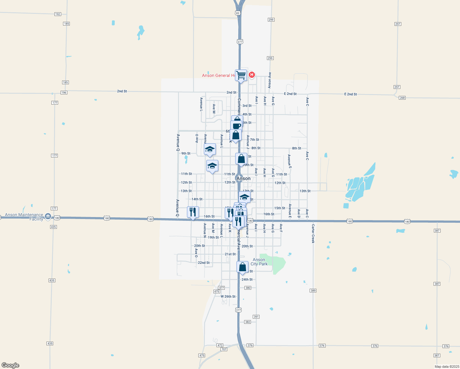 map of restaurants, bars, coffee shops, grocery stores, and more near 1220 Avenue K in Anson