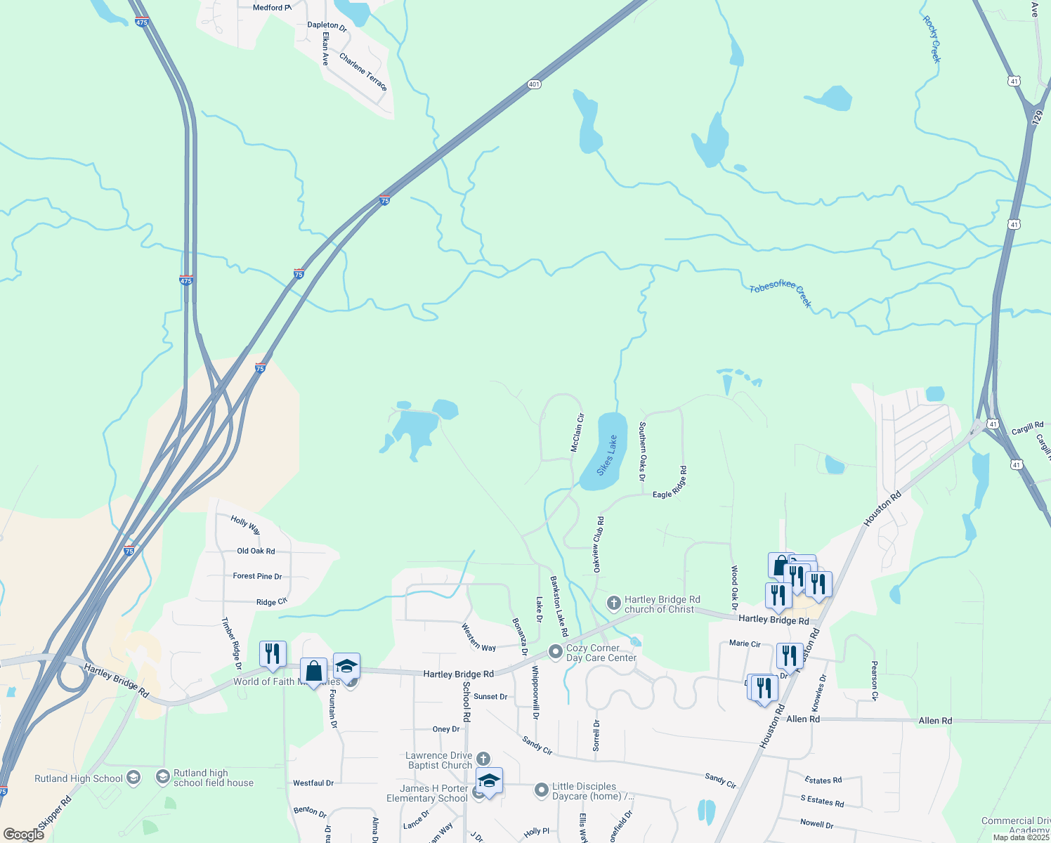 map of restaurants, bars, coffee shops, grocery stores, and more near 404 Bellerive Trace in Macon