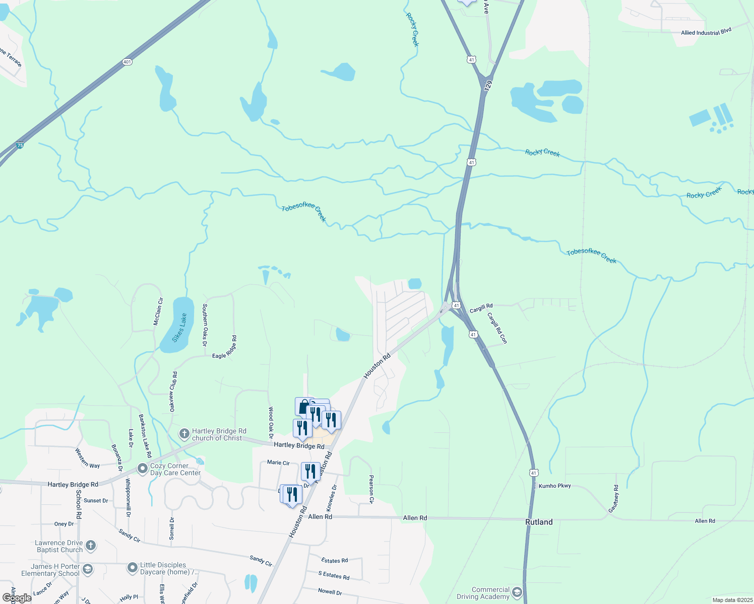 map of restaurants, bars, coffee shops, grocery stores, and more near Lake Drive in Macon