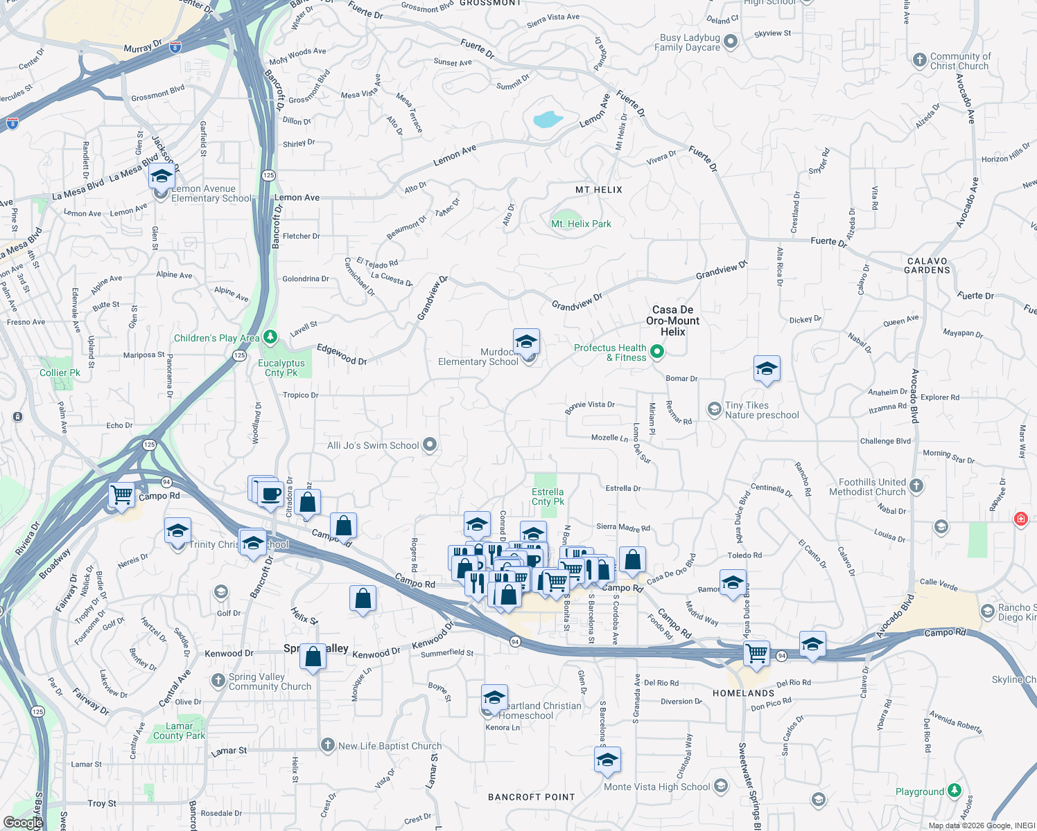 map of restaurants, bars, coffee shops, grocery stores, and more near 9796 Raspberry Ice Lane in La Mesa