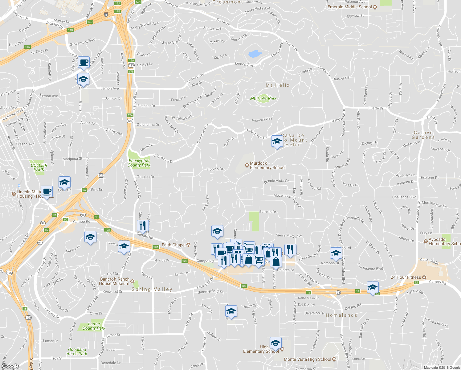 map of restaurants, bars, coffee shops, grocery stores, and more near 9679 Vista Del Sol in Spring Valley