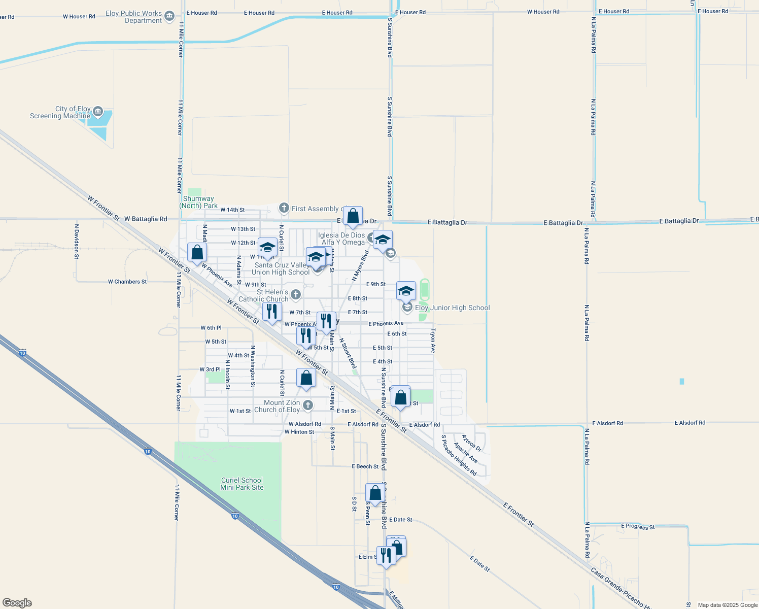 map of restaurants, bars, coffee shops, grocery stores, and more near 706 North Sunshine Boulevard in Eloy
