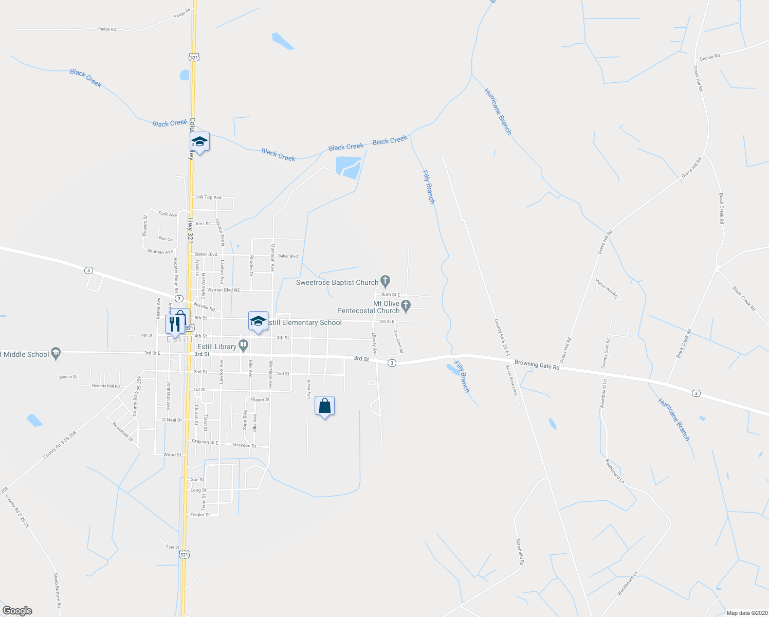 map of restaurants, bars, coffee shops, grocery stores, and more near 168 Brewton Street East in Estill