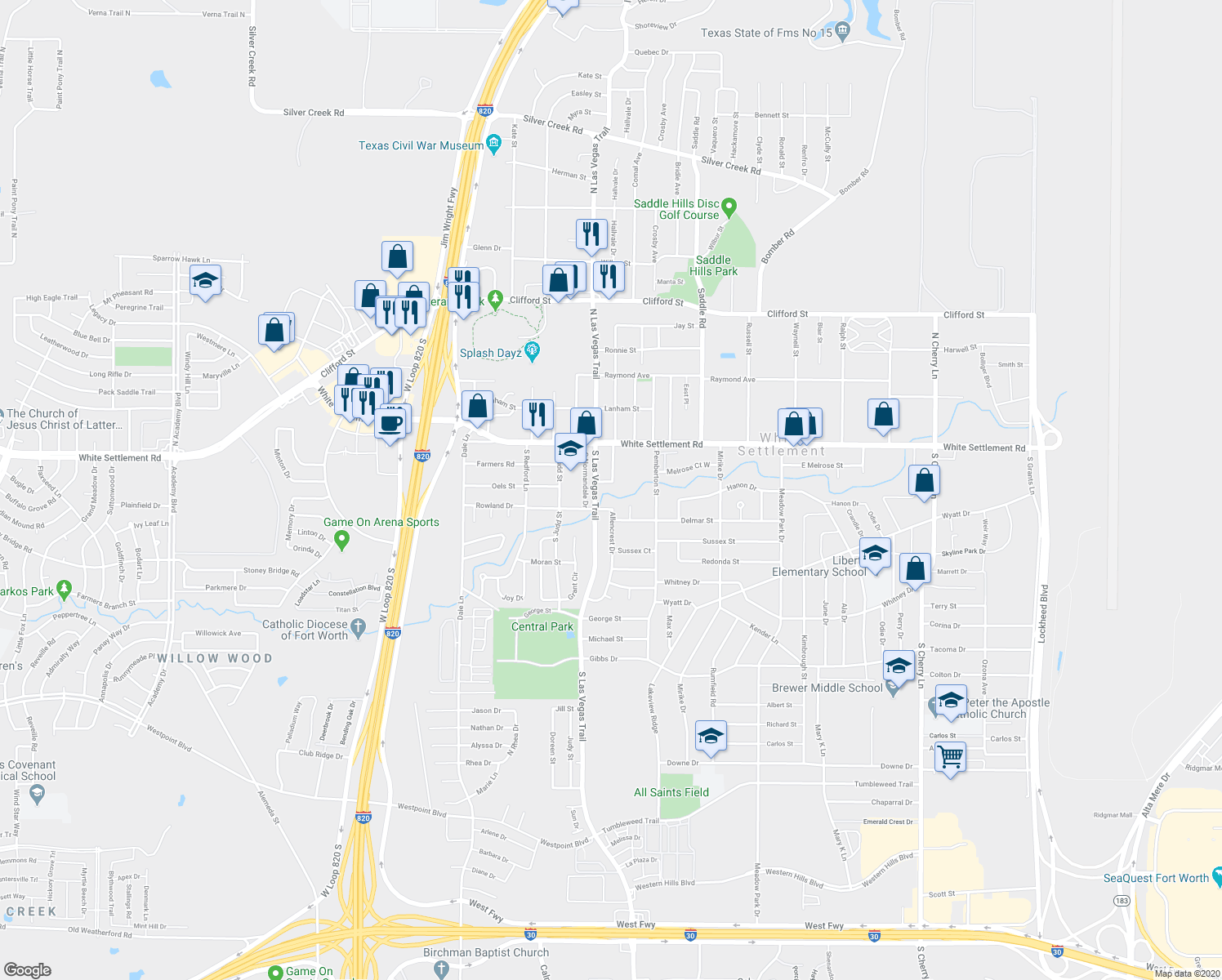 map of restaurants, bars, coffee shops, grocery stores, and more near 147 Allencrest Drive in White Settlement