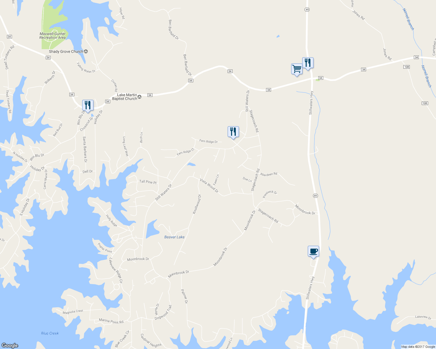 map of restaurants, bars, coffee shops, grocery stores, and more near Fawn Lane in Dadeville