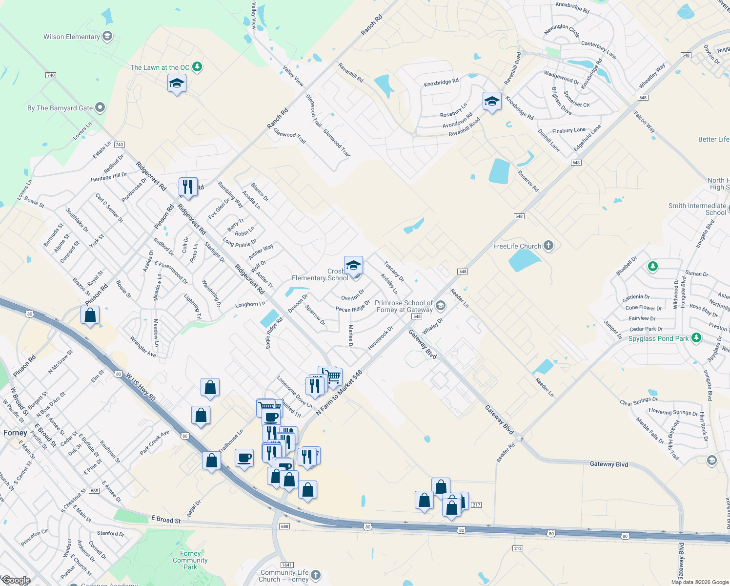 map of restaurants, bars, coffee shops, grocery stores, and more near 2211 Overton Drive in Forney