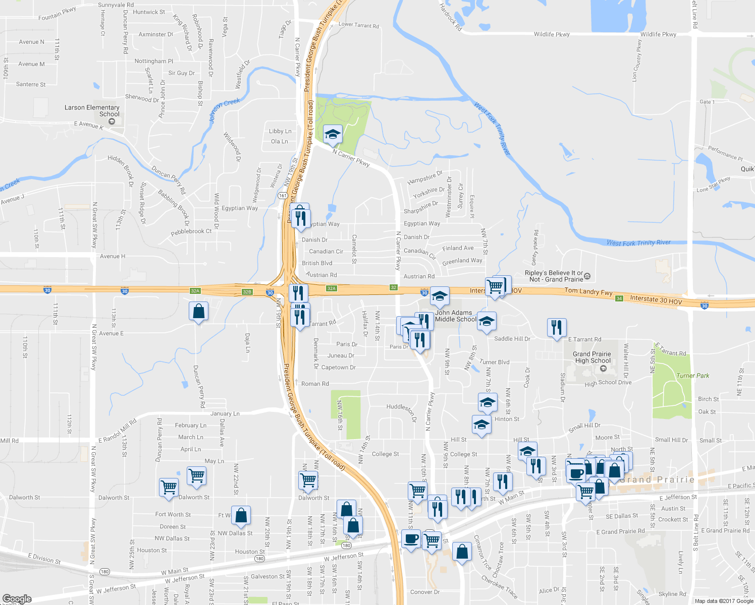 map of restaurants, bars, coffee shops, grocery stores, and more near 1302 West Tarrant Road in Grand Prairie