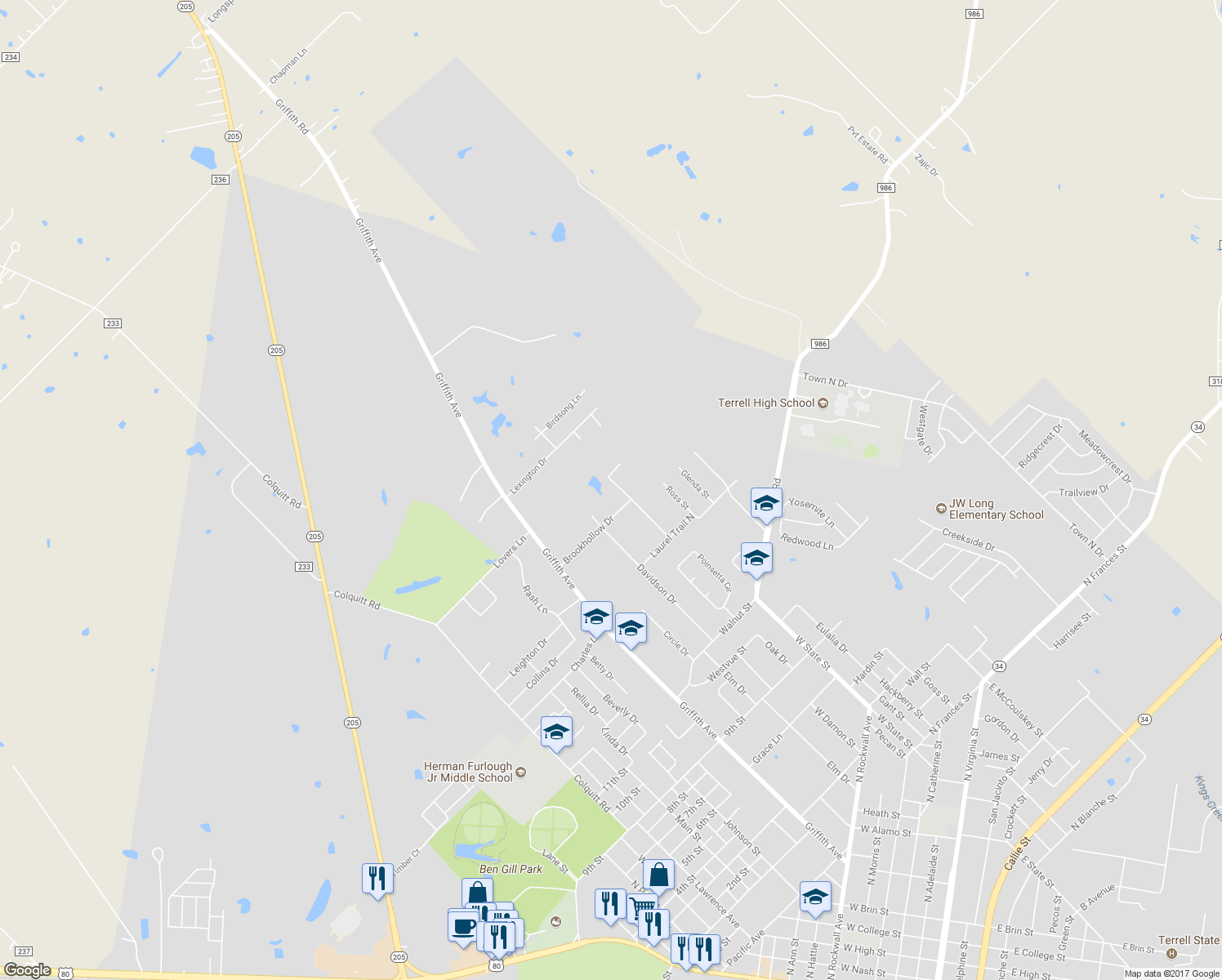 map of restaurants, bars, coffee shops, grocery stores, and more near 303 Laurel Trail Drive in Terrell
