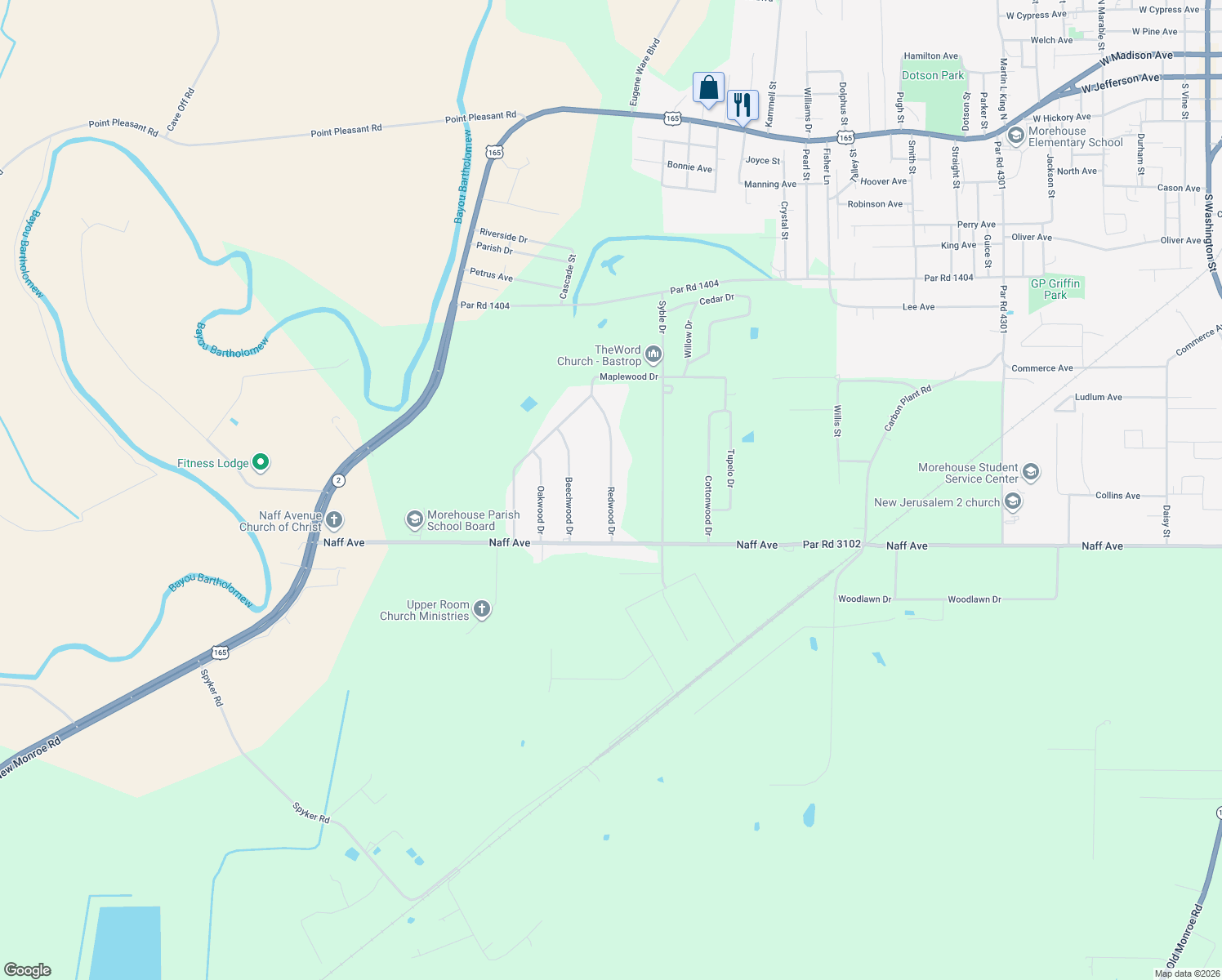 map of restaurants, bars, coffee shops, grocery stores, and more near 9108 Redwood Dr in Bastrop