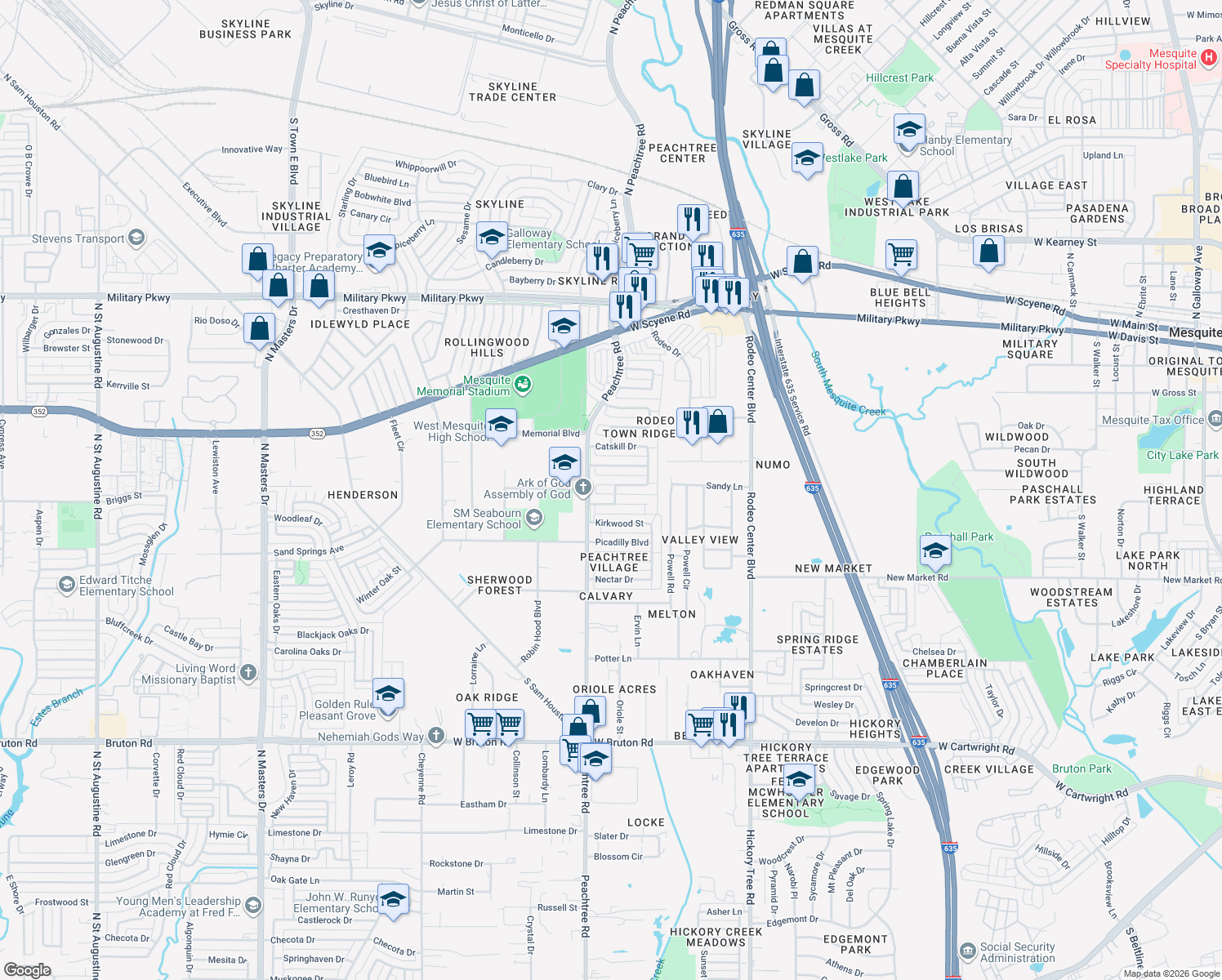 map of restaurants, bars, coffee shops, grocery stores, and more near 2100 Meadowbrook Drive in Mesquite