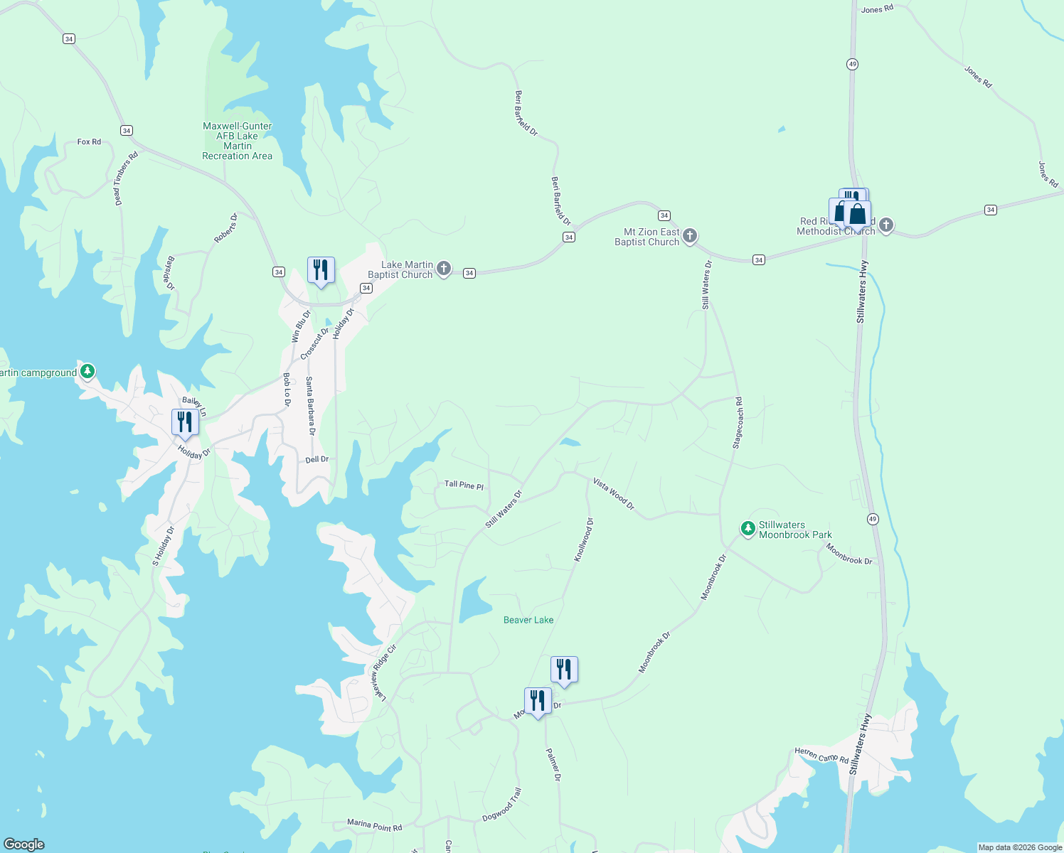 map of restaurants, bars, coffee shops, grocery stores, and more near 147 Fern Ridge Court in Dadeville