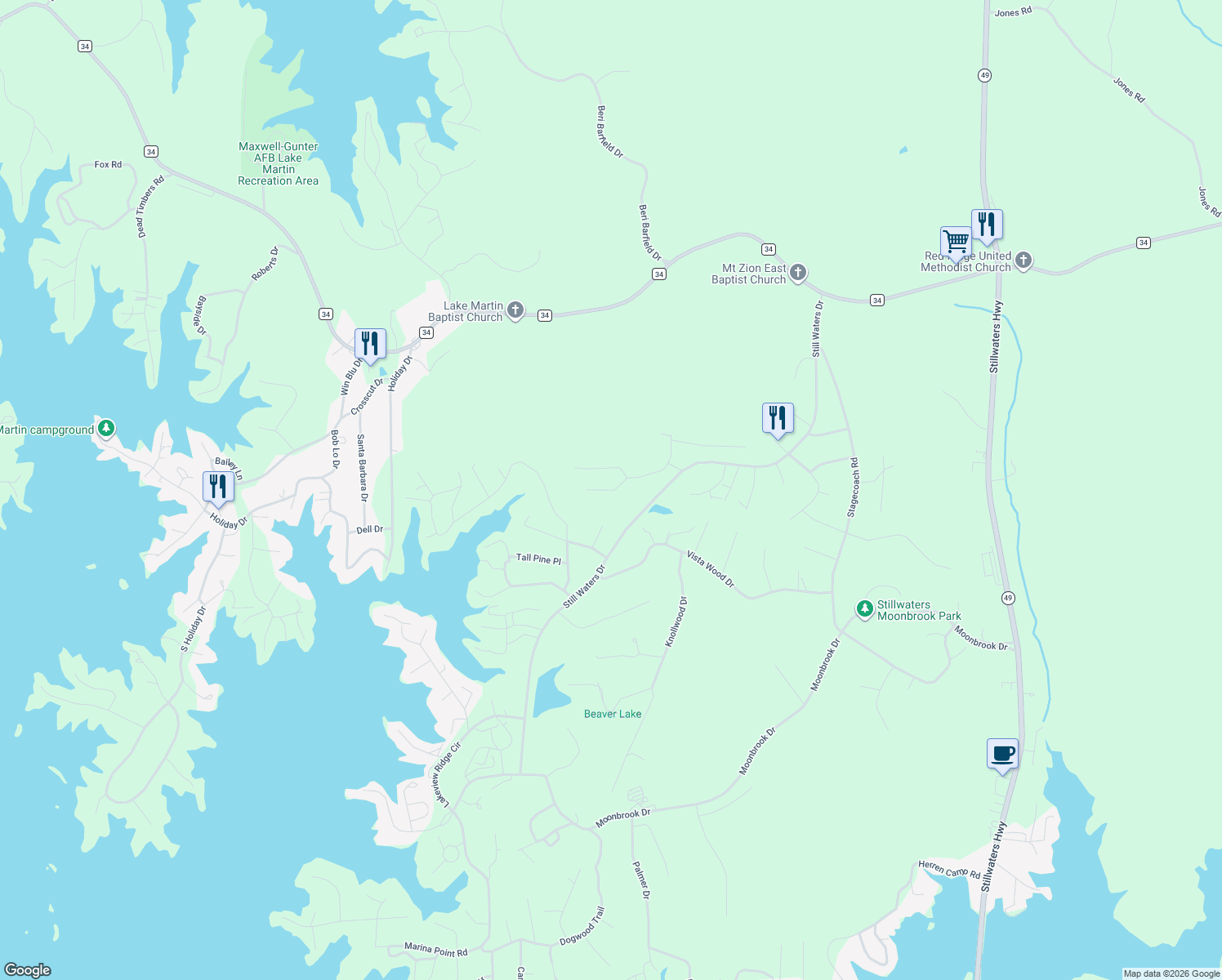 map of restaurants, bars, coffee shops, grocery stores, and more near 147 Fern Ridge Court in Dadeville