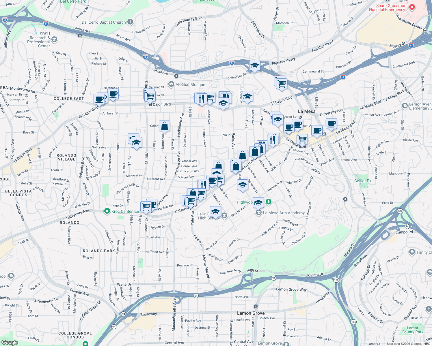 map of restaurants, bars, coffee shops, grocery stores, and more near 4490-4494 Olive Avenue in La Mesa