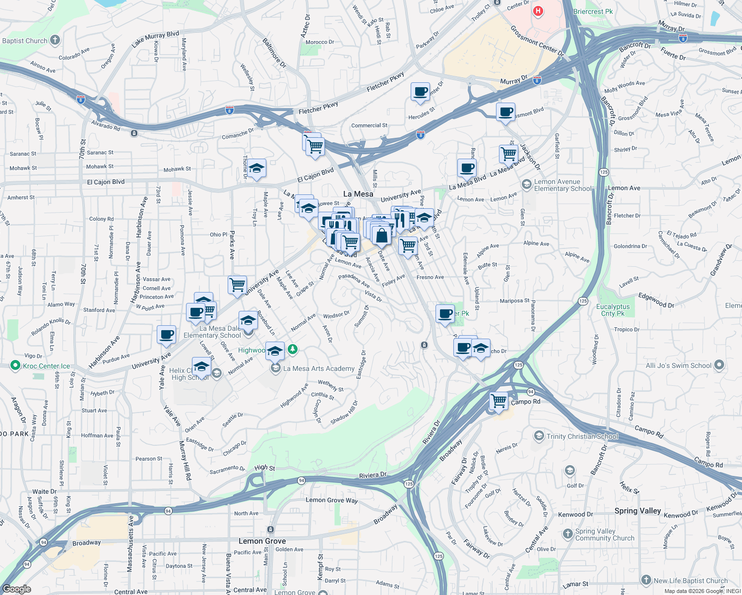 map of restaurants, bars, coffee shops, grocery stores, and more near 4429 Summit Dr in La Mesa