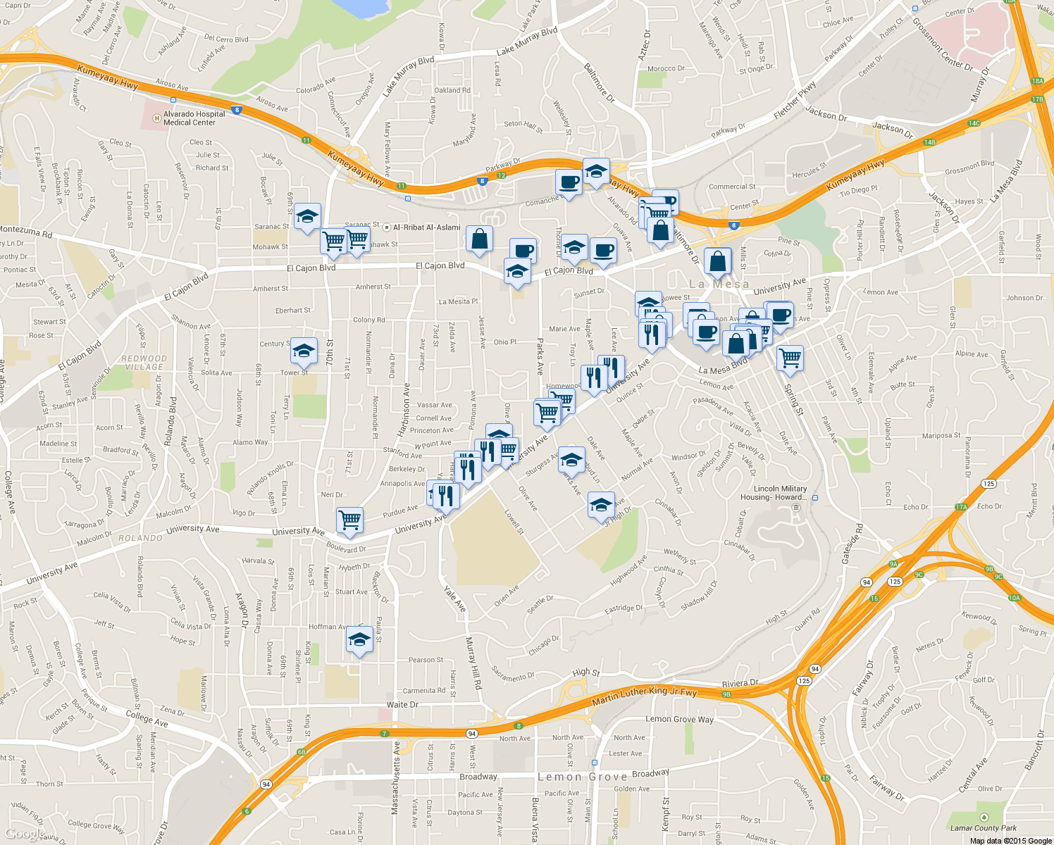 map of restaurants, bars, coffee shops, grocery stores, and more near 7560 University Ave in La Mesa