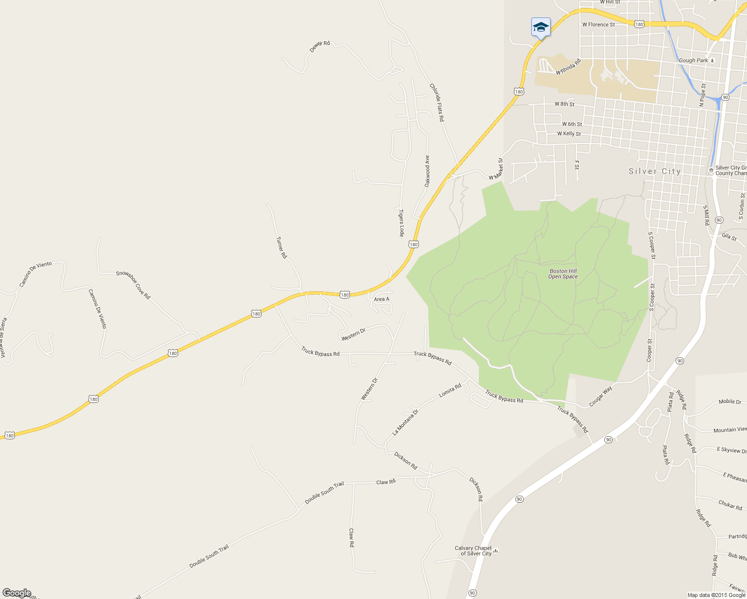map of restaurants, bars, coffee shops, grocery stores, and more near Area A in Silver City