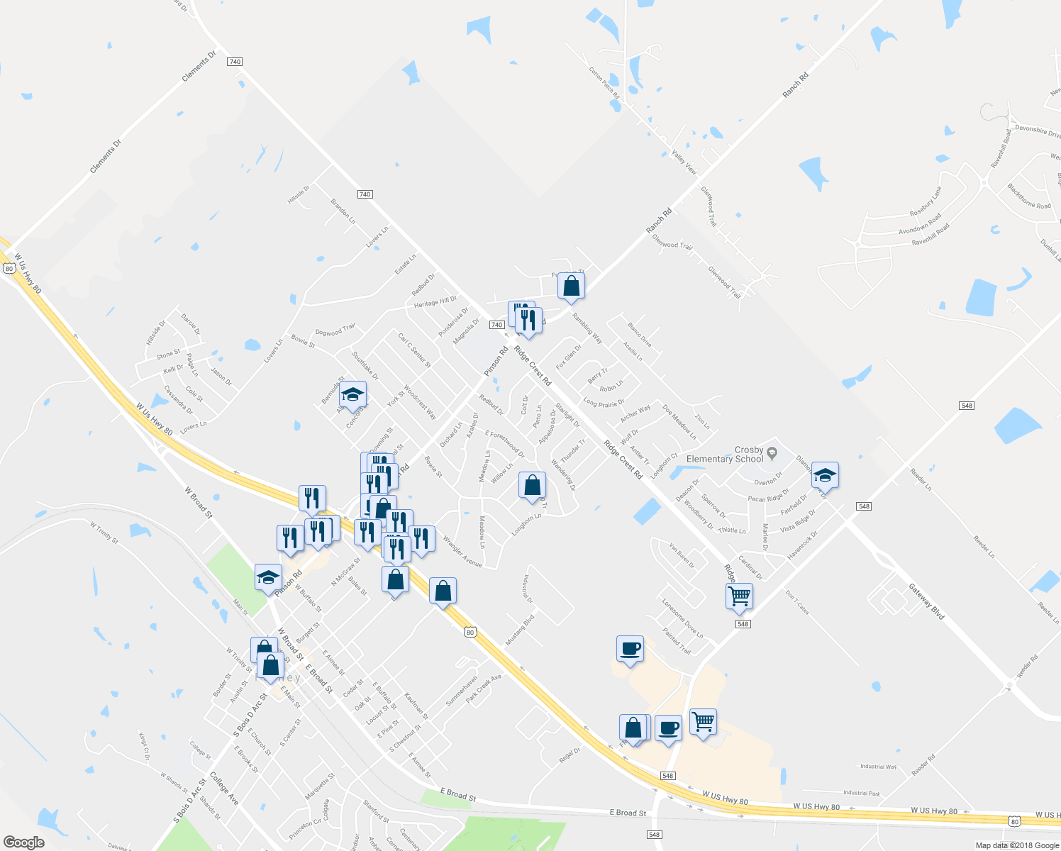 map of restaurants, bars, coffee shops, grocery stores, and more near 506 Pinto Lane in Forney
