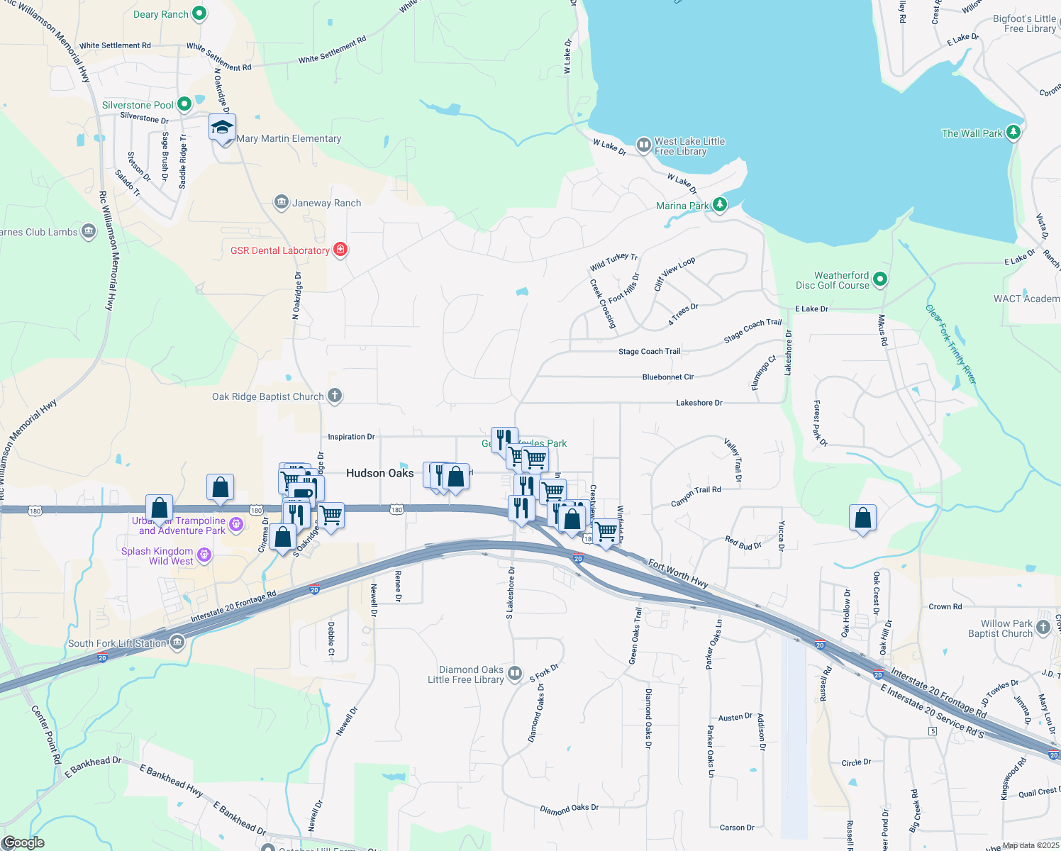 map of restaurants, bars, coffee shops, grocery stores, and more near 3205 Inspiration Drive in Hudson Oaks