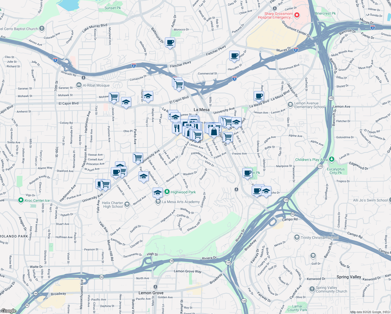 map of restaurants, bars, coffee shops, grocery stores, and more near 8041 Vista Drive in La Mesa