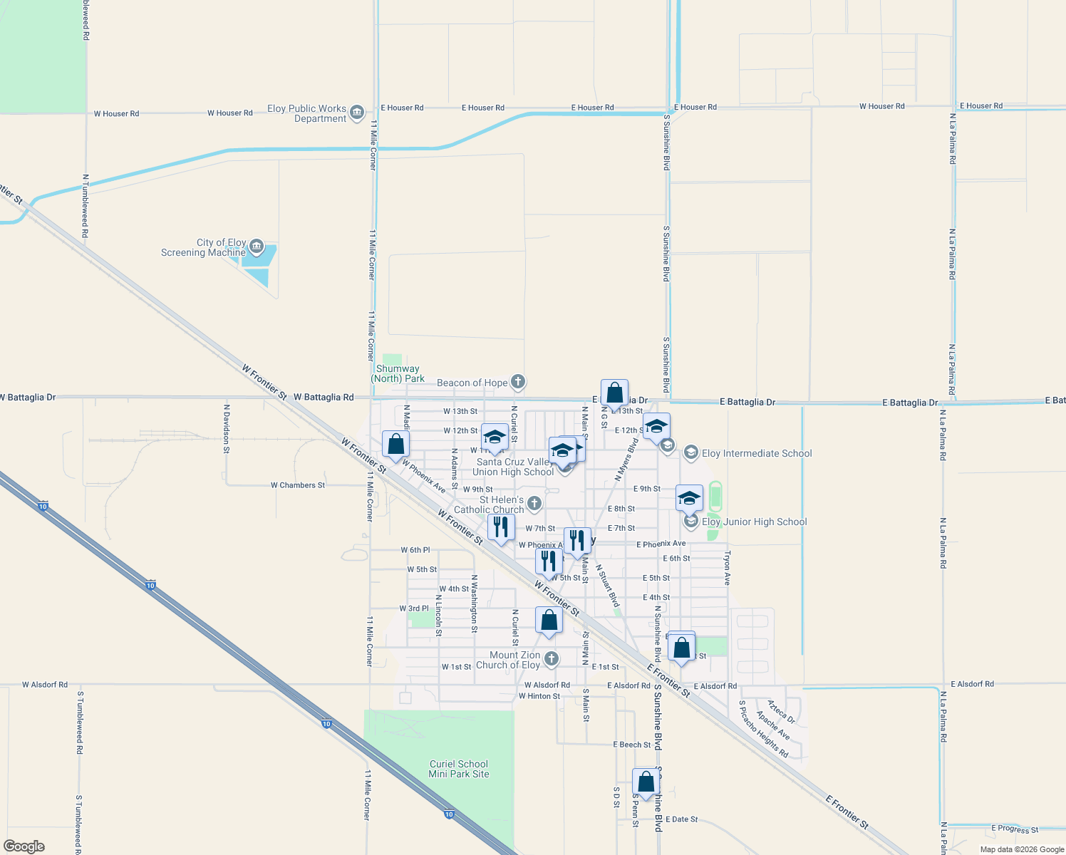 map of restaurants, bars, coffee shops, grocery stores, and more near 1111 North La Siesta Drive in Eloy
