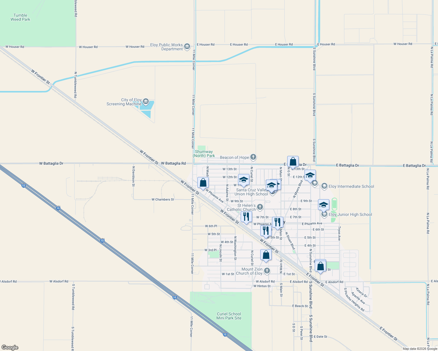 map of restaurants, bars, coffee shops, grocery stores, and more near 510 West 12th Street in Eloy