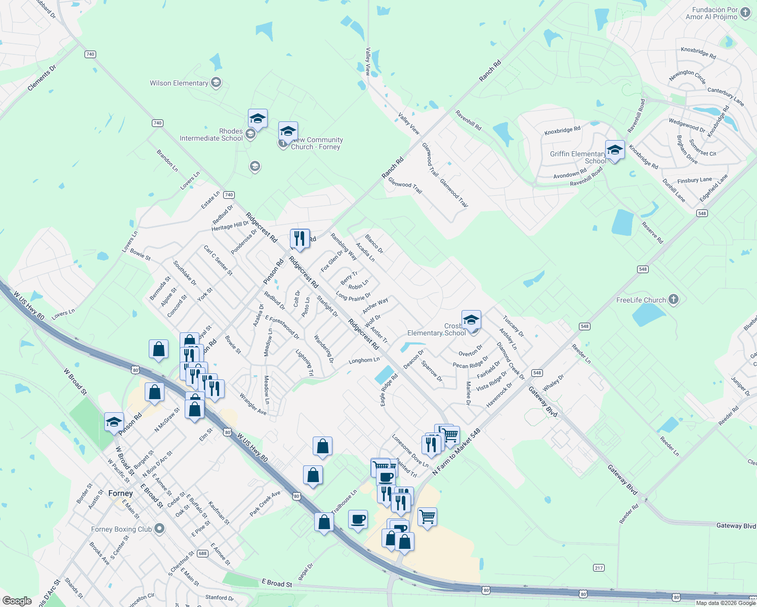 map of restaurants, bars, coffee shops, grocery stores, and more near 236 Archer Way in Forney
