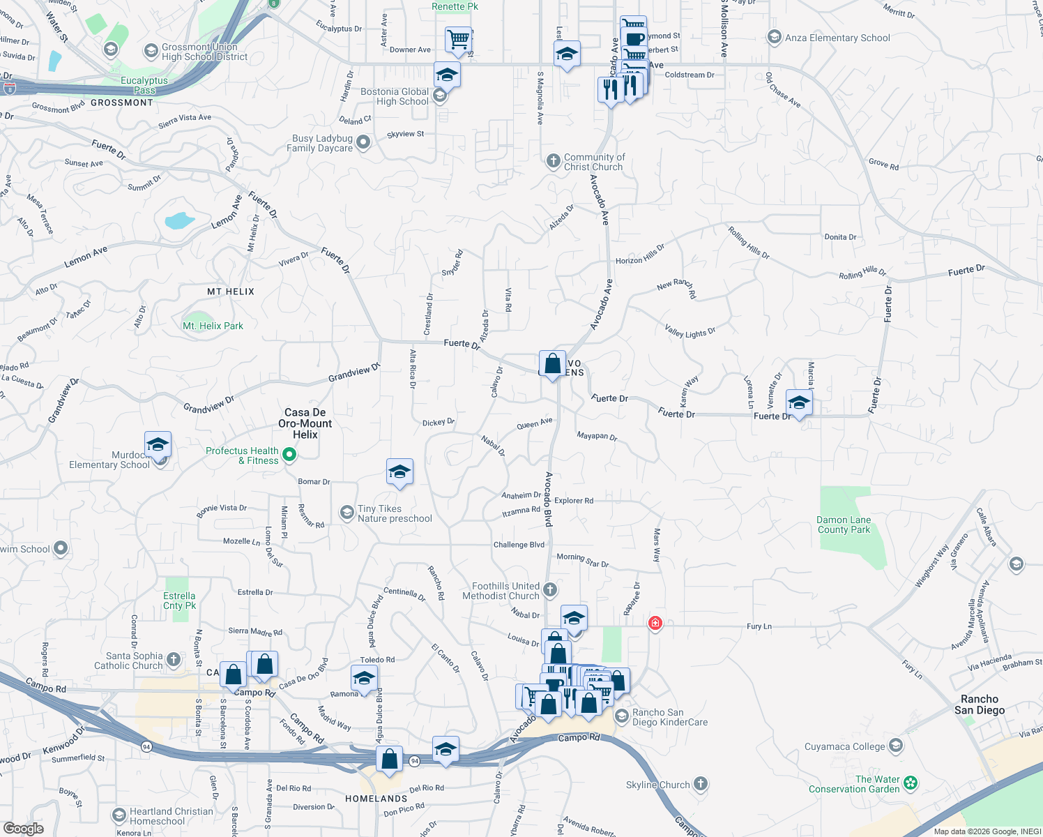 map of restaurants, bars, coffee shops, grocery stores, and more near 10728 Queen Avenue in La Mesa