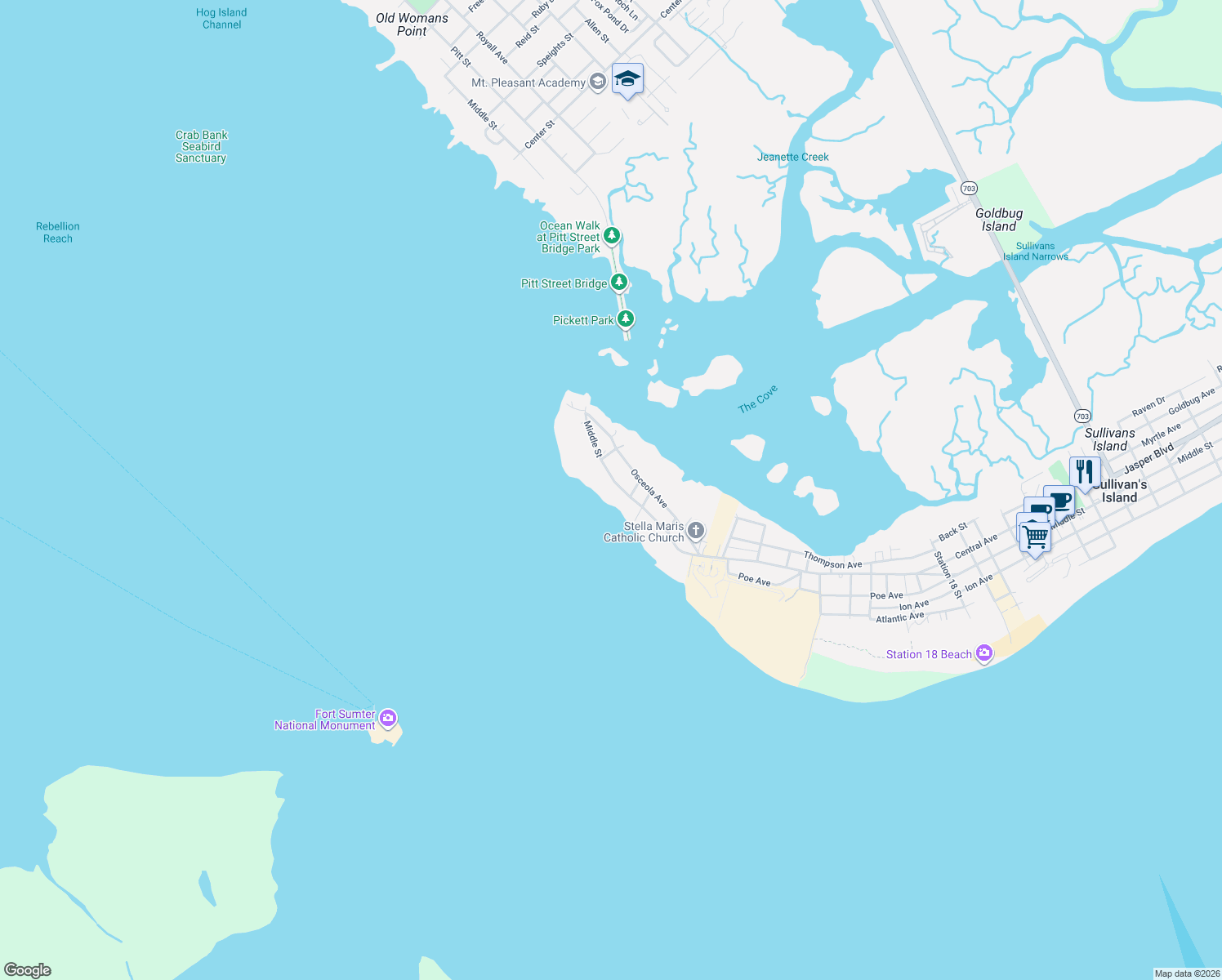 map of restaurants, bars, coffee shops, grocery stores, and more near 923 Middle Street in Sullivan's Island