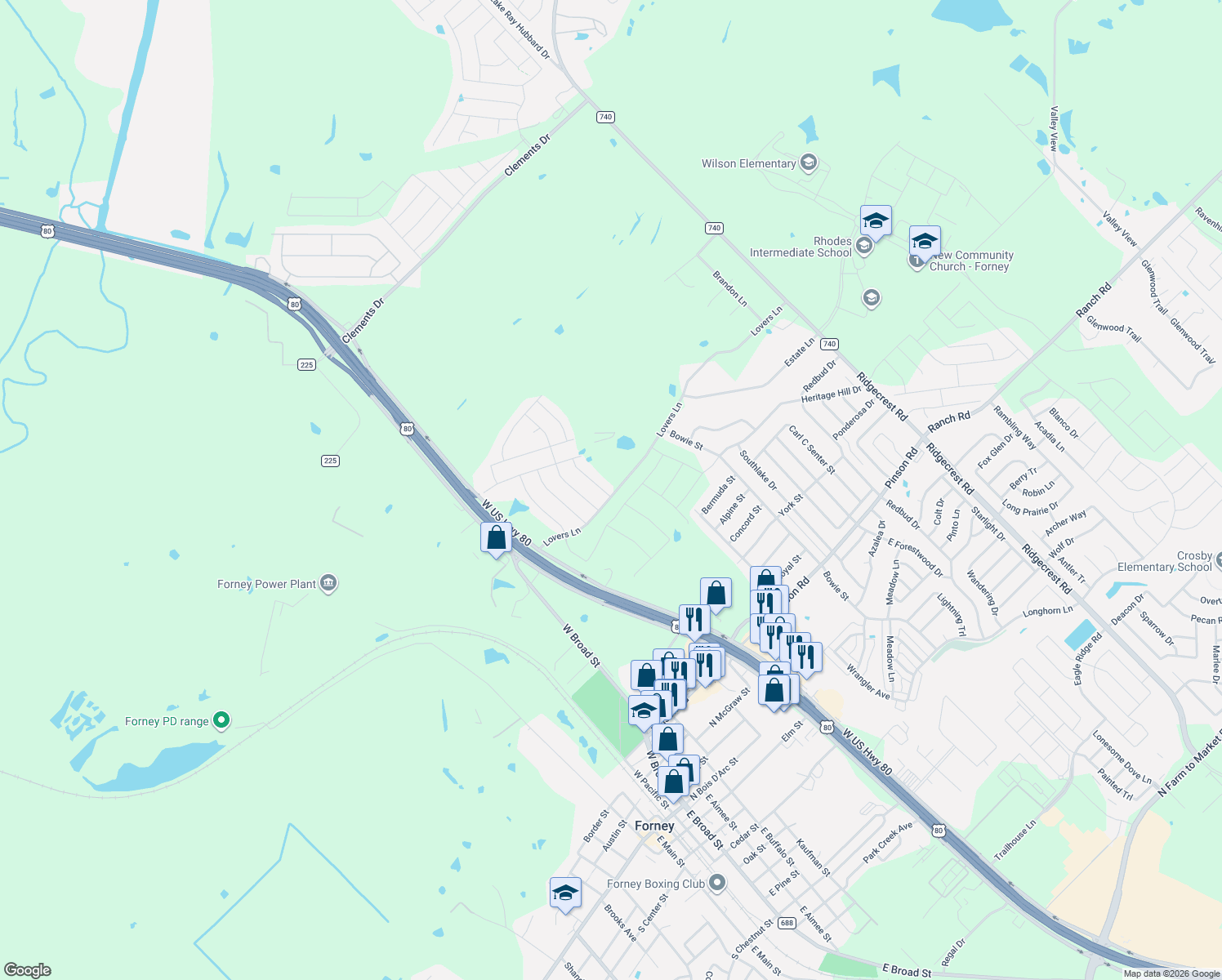map of restaurants, bars, coffee shops, grocery stores, and more near 101 Jason Drive in Forney