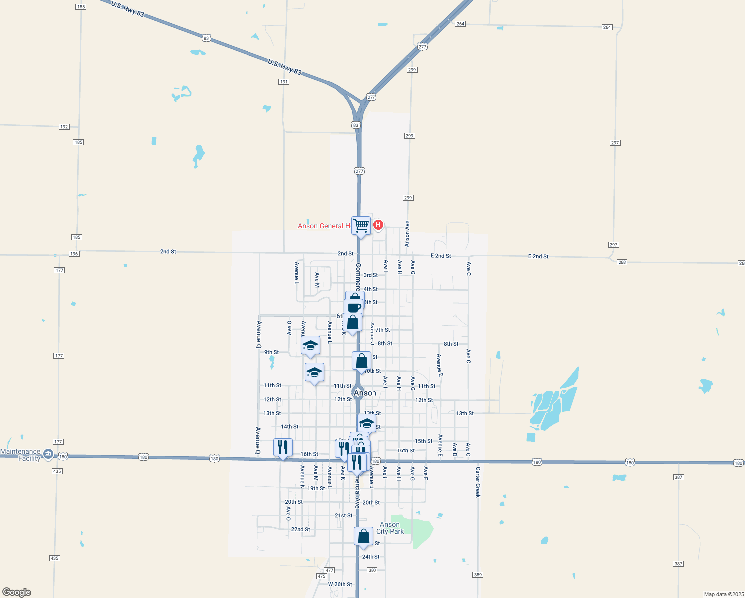 map of restaurants, bars, coffee shops, grocery stores, and more near 432 Avenue J in Anson