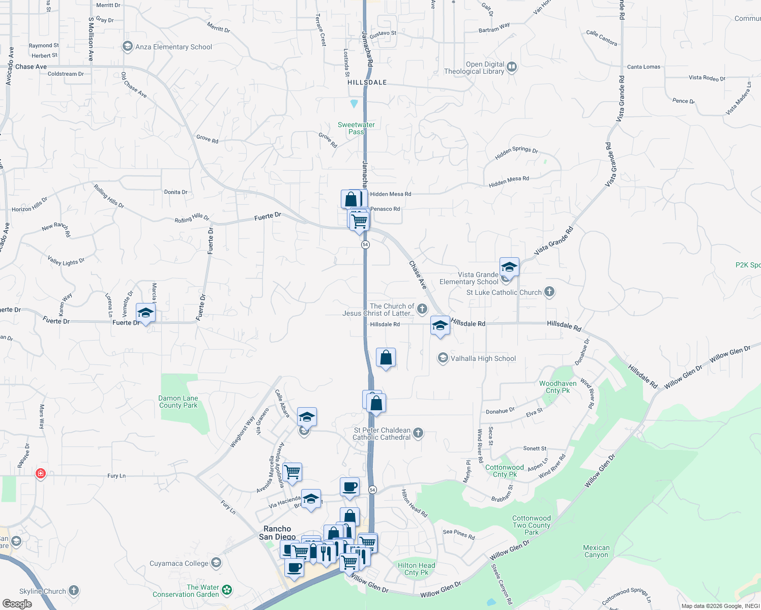 map of restaurants, bars, coffee shops, grocery stores, and more near 1653 Jamacha Road in El Cajon