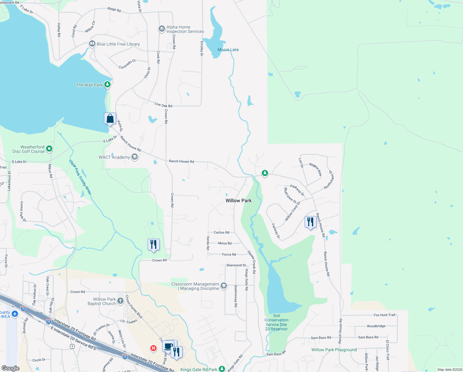 map of restaurants, bars, coffee shops, grocery stores, and more near 3004 Old Ford Road in Willow Park