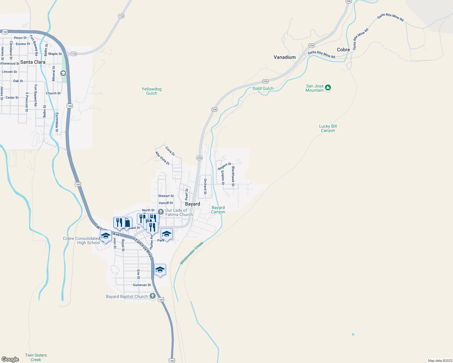 map of restaurants, bars, coffee shops, grocery stores, and more near 803 Watson St in Bayard