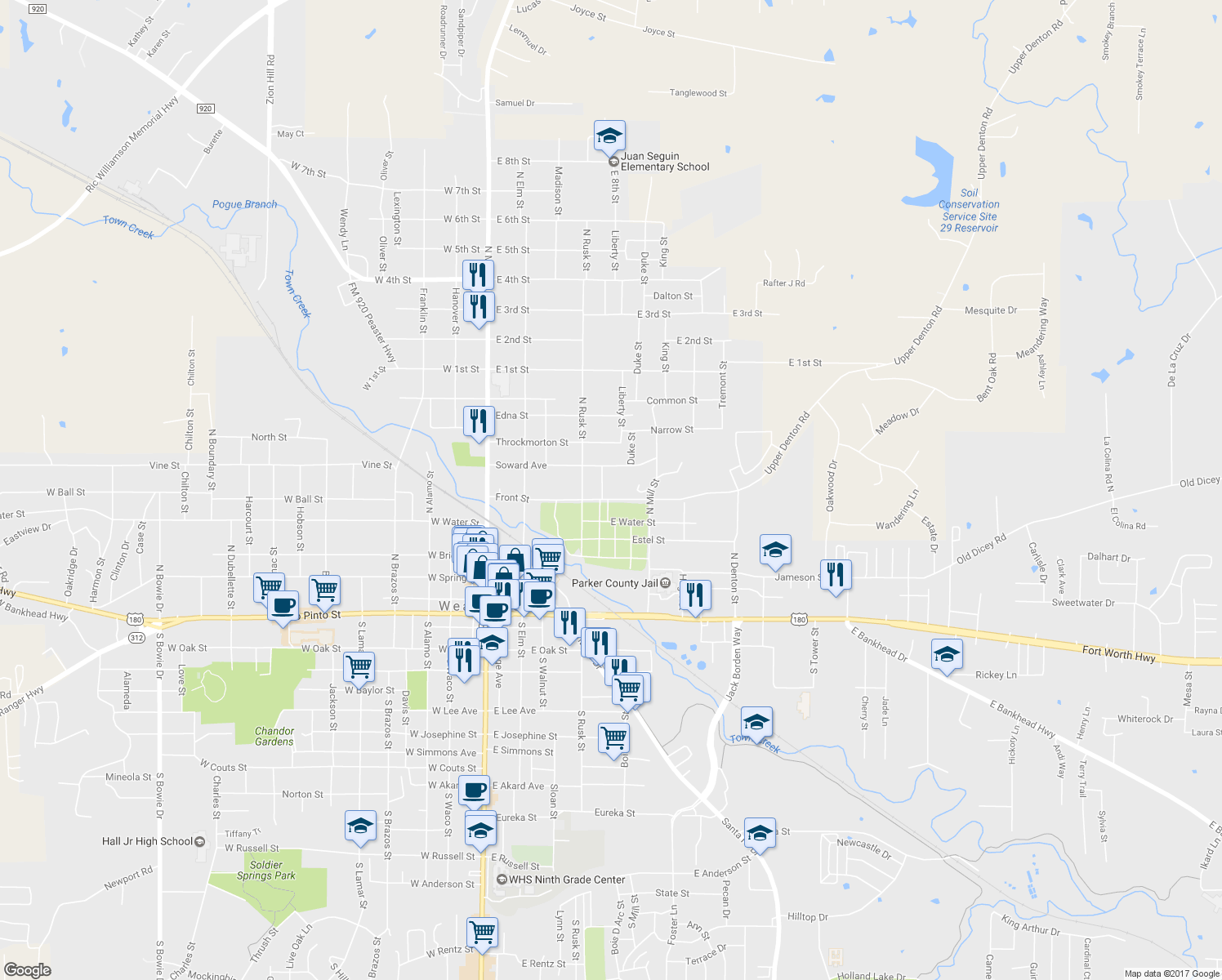 map of restaurants, bars, coffee shops, grocery stores, and more near 421 Front Street in Weatherford