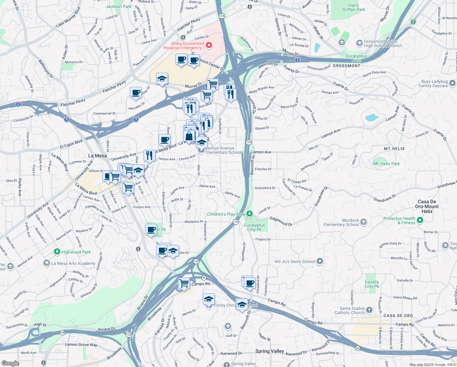 map of restaurants, bars, coffee shops, grocery stores, and more near 8939 Highfield Avenue in La Mesa