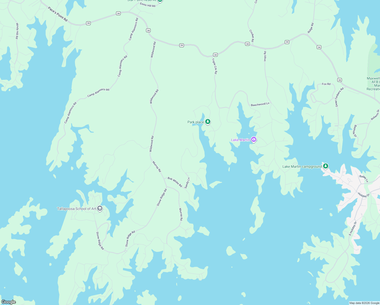 map of restaurants, bars, coffee shops, grocery stores, and more near Sandy Run in Tallapoosa County