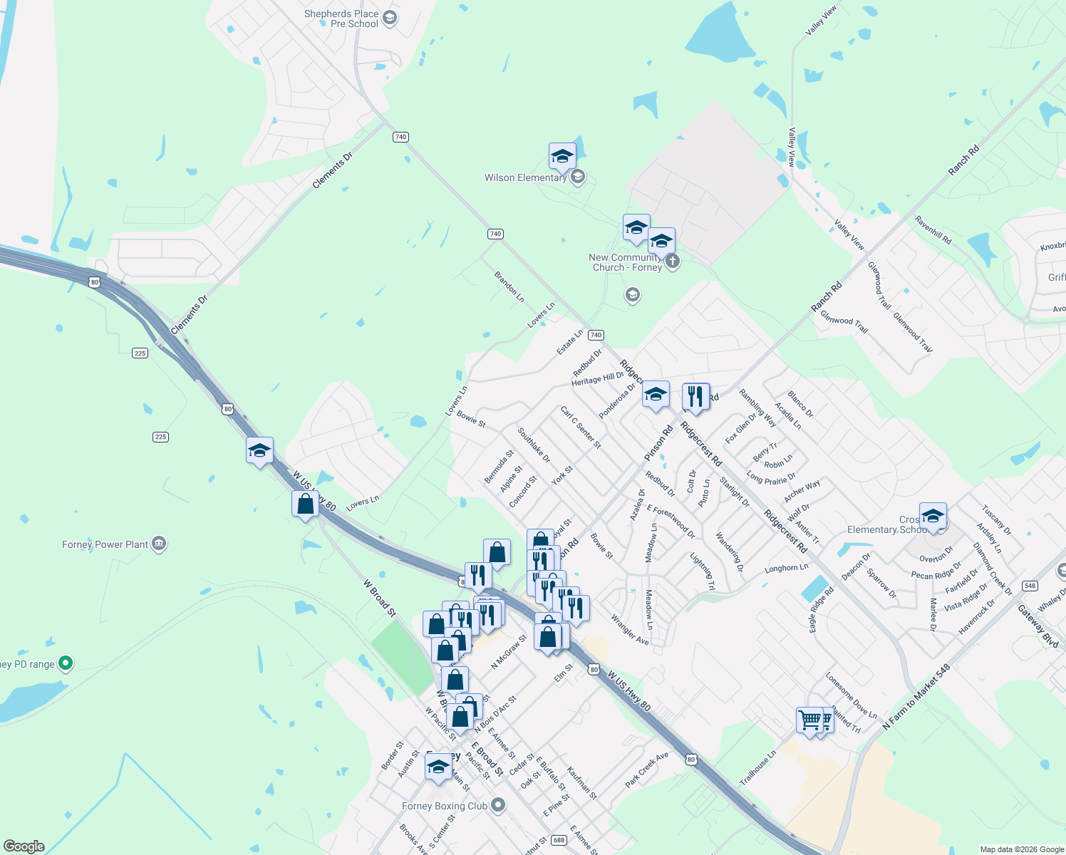 map of restaurants, bars, coffee shops, grocery stores, and more near 604 Carl C Senter Street in Forney