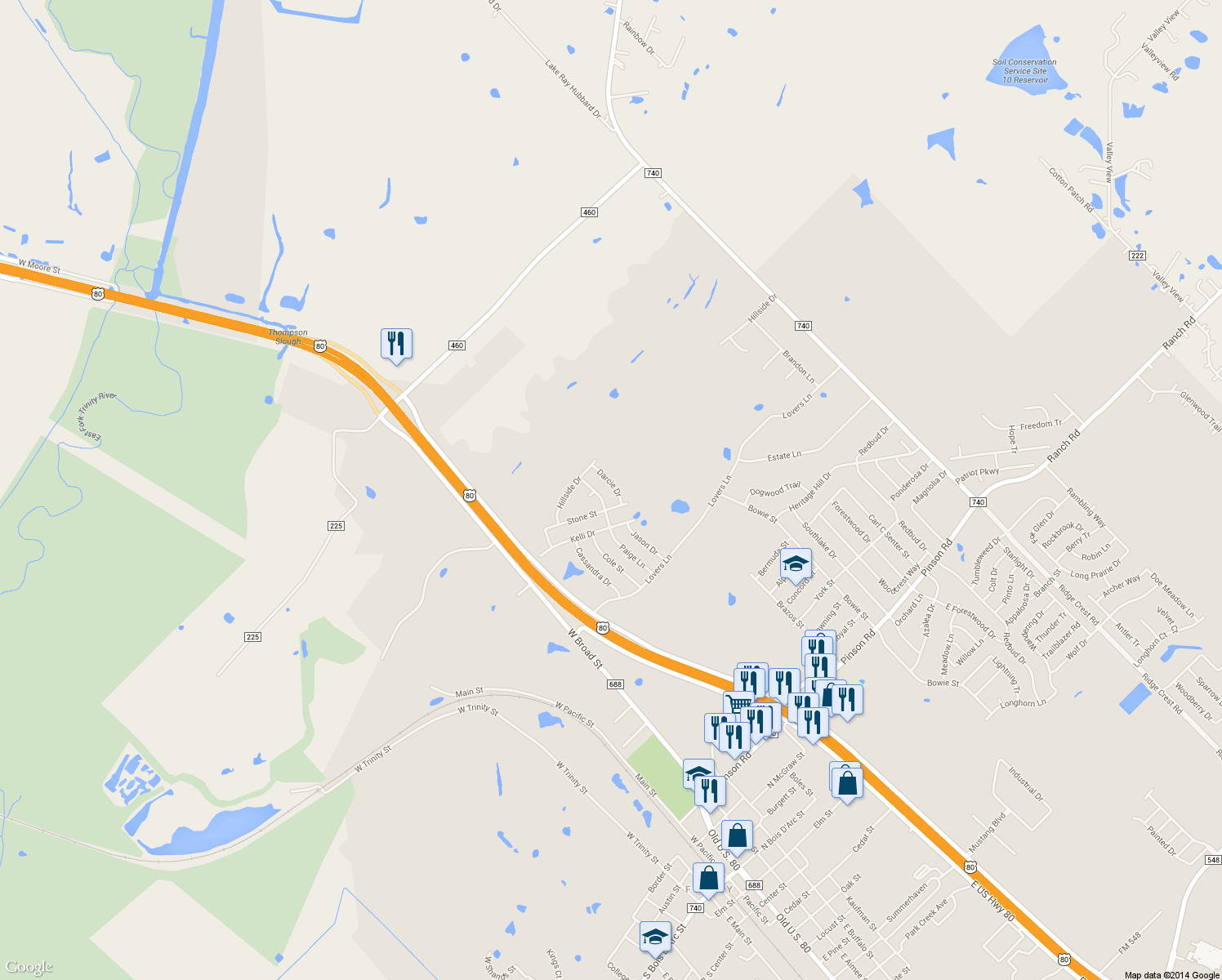 map of restaurants, bars, coffee shops, grocery stores, and more near 106 Darcie Dr in Forney