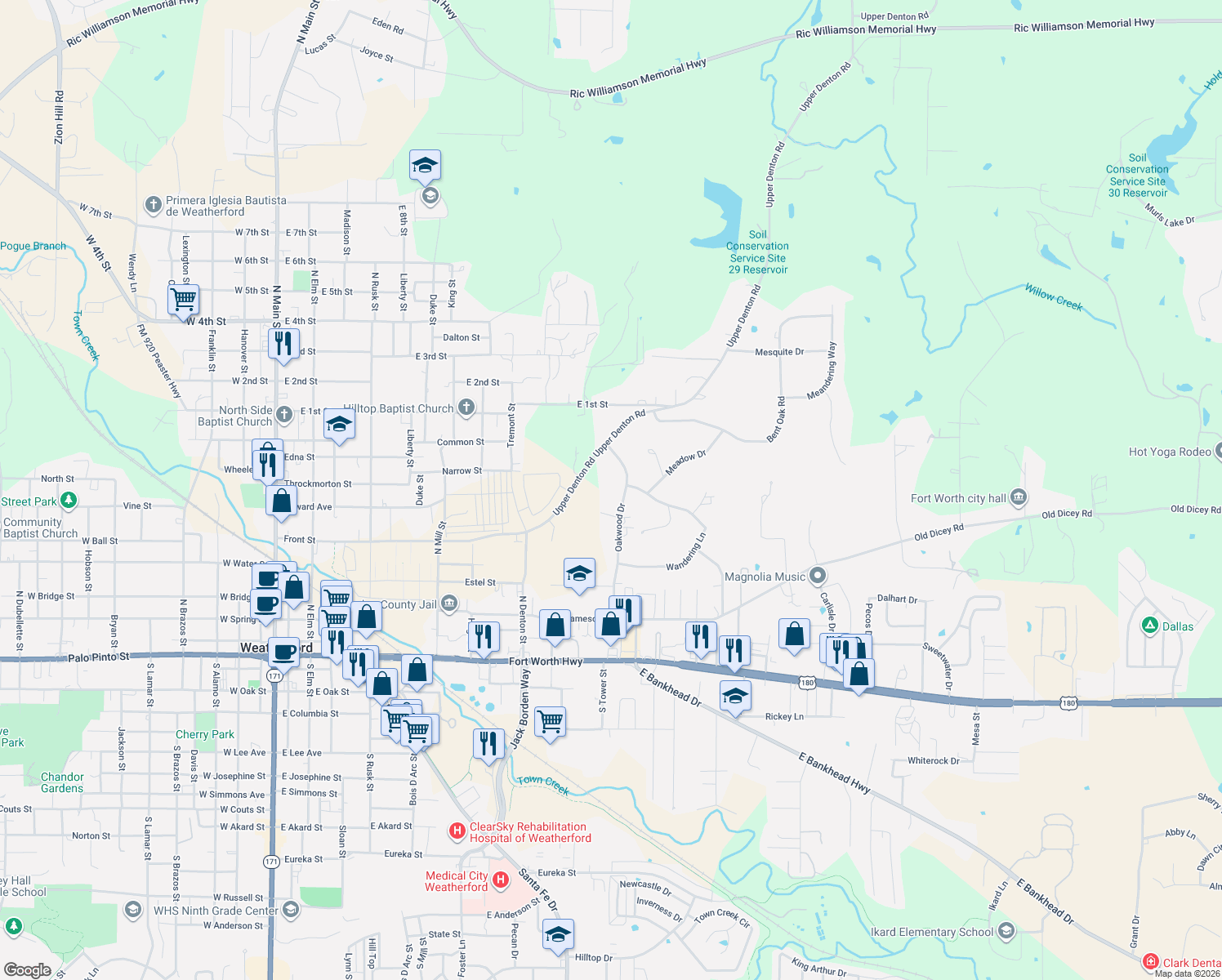 map of restaurants, bars, coffee shops, grocery stores, and more near 117 Oakwood Drive in Weatherford