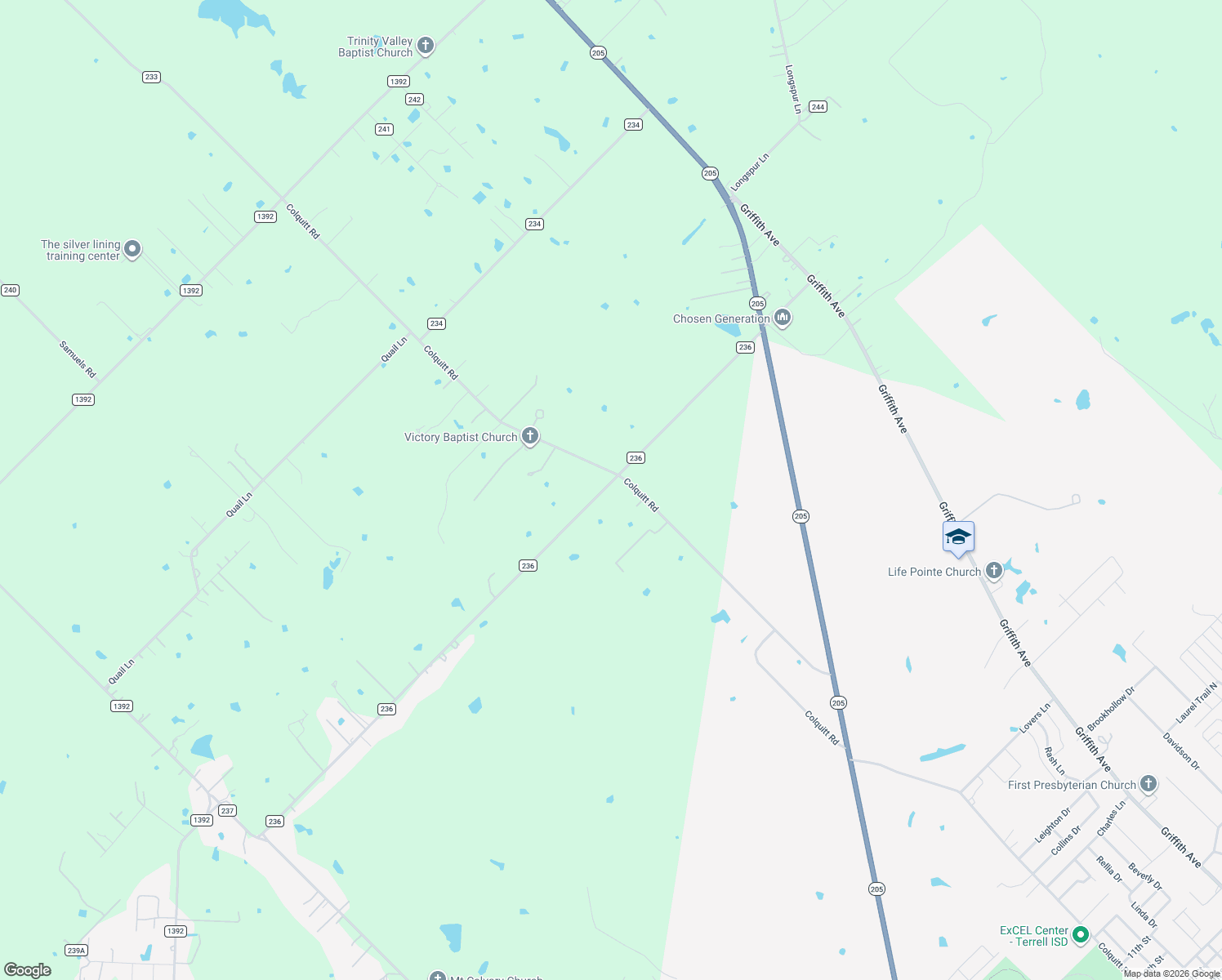map of restaurants, bars, coffee shops, grocery stores, and more near 14600 County Road 236 in Terrell