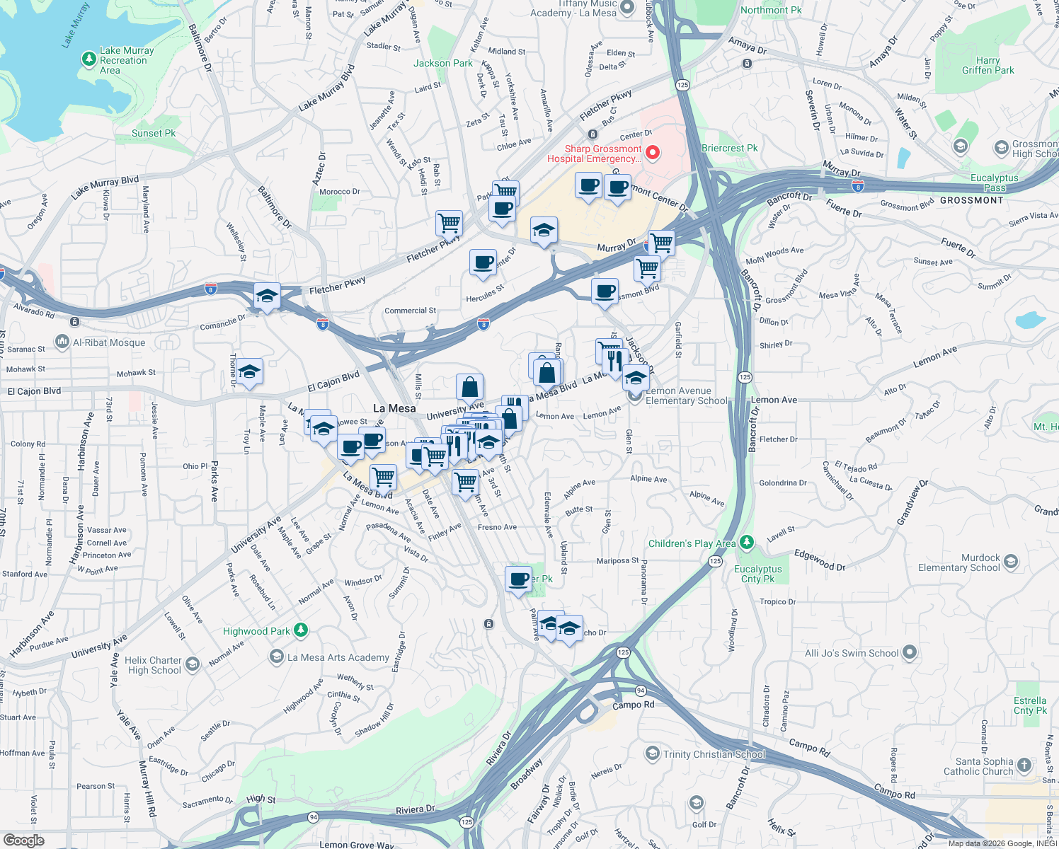 map of restaurants, bars, coffee shops, grocery stores, and more near 4800-4836 Crowder Lane in La Mesa