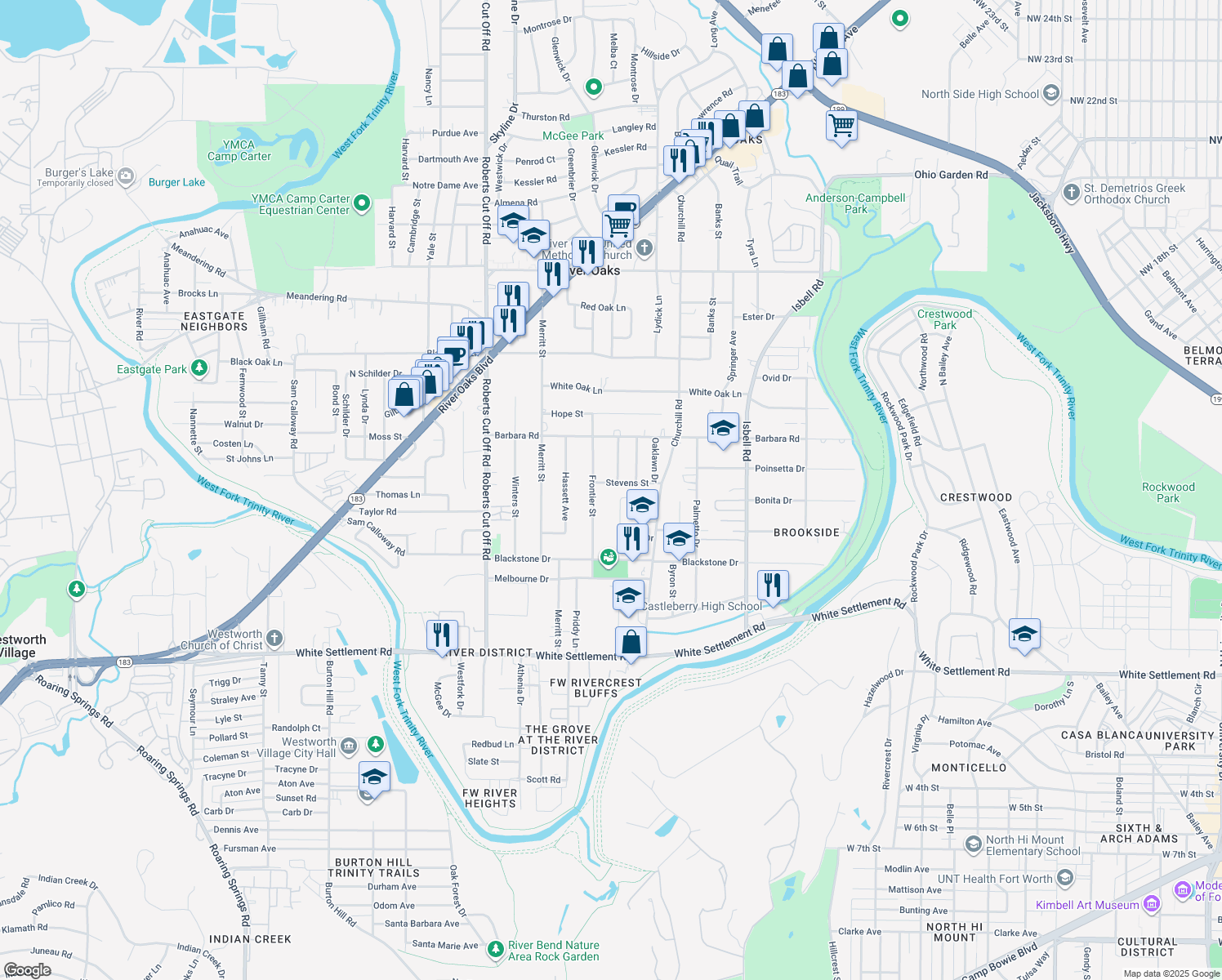 map of restaurants, bars, coffee shops, grocery stores, and more near 4825 Stevens St in River Oaks