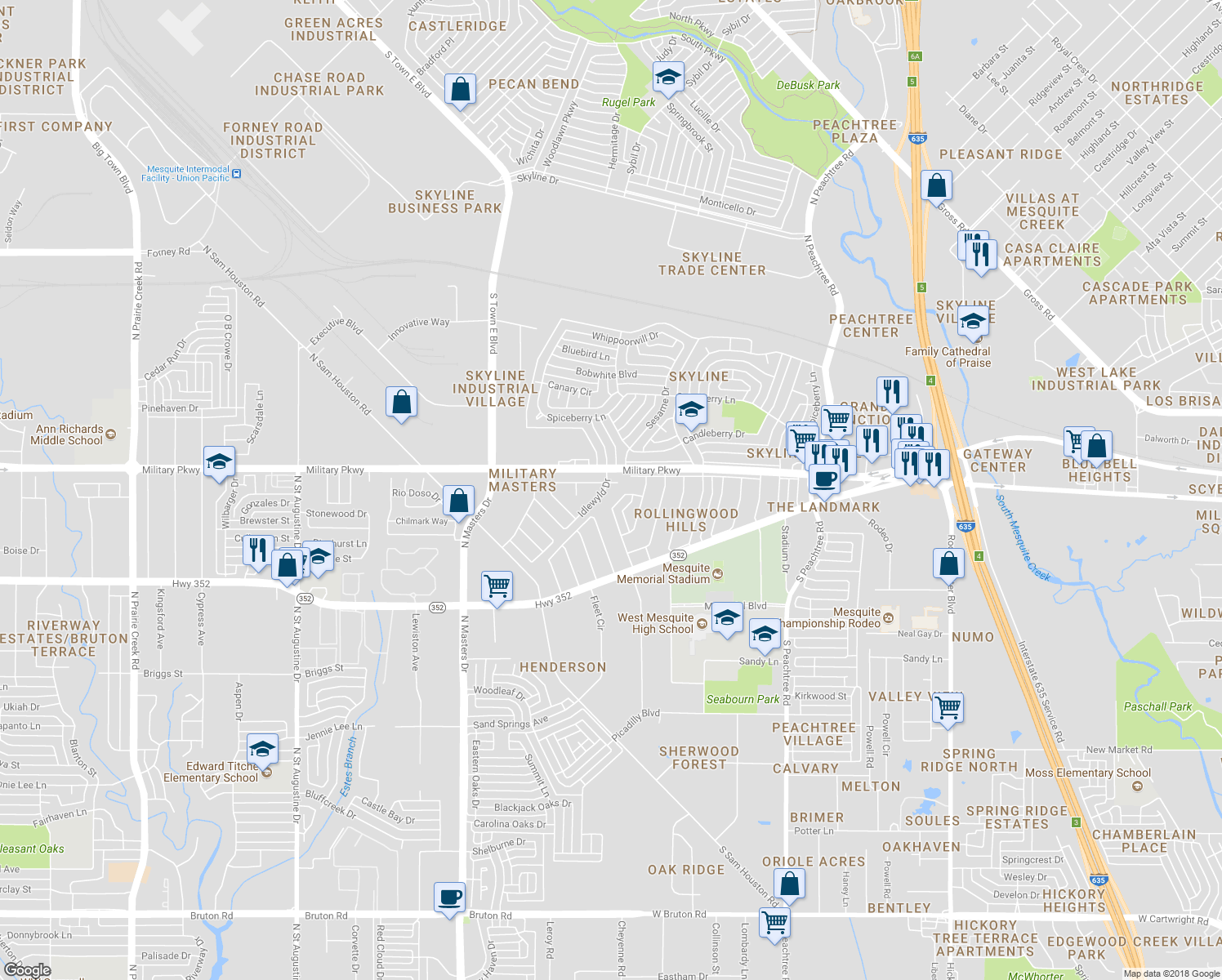 map of restaurants, bars, coffee shops, grocery stores, and more near 110 Idlewyld Drive in Mesquite