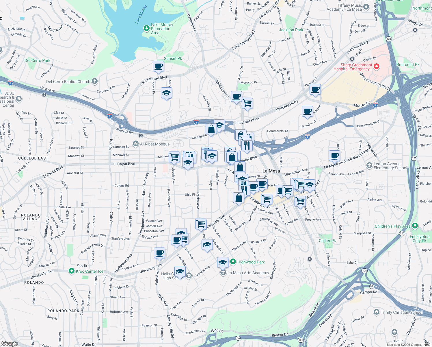 map of restaurants, bars, coffee shops, grocery stores, and more near 7720 Sunset Drive in La Mesa