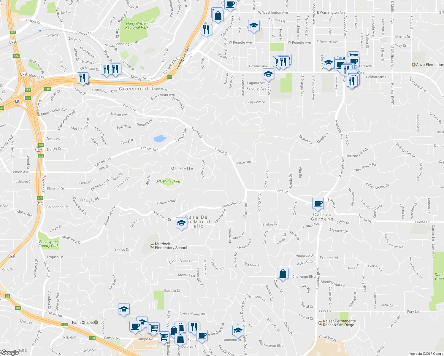map of restaurants, bars, coffee shops, grocery stores, and more near 4812 Rushville Lane in La Mesa