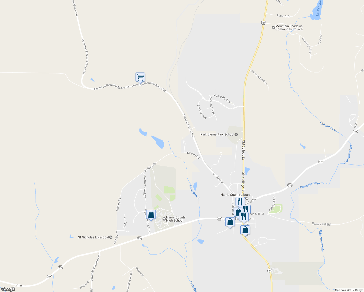 map of restaurants, bars, coffee shops, grocery stores, and more near 107 Mountain View Court in Hamilton