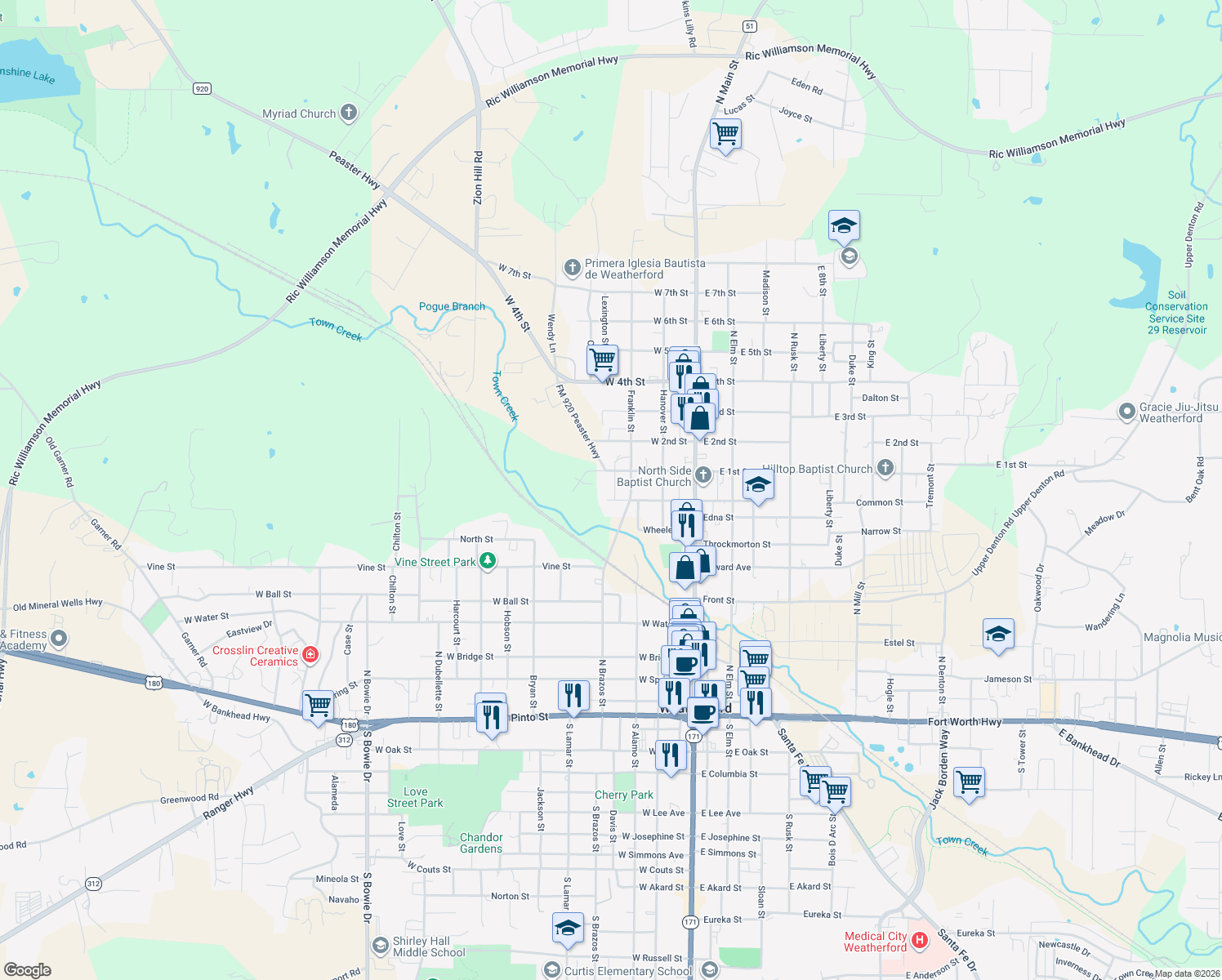 map of restaurants, bars, coffee shops, grocery stores, and more near 312 West Weatherford Street in Weatherford