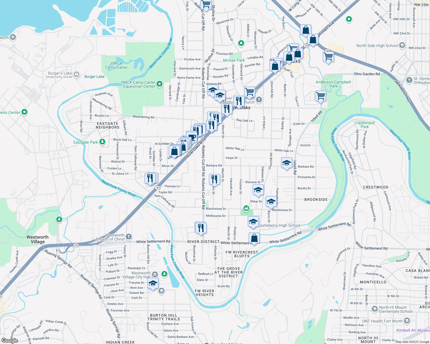 map of restaurants, bars, coffee shops, grocery stores, and more near 612 Winters Street in River Oaks
