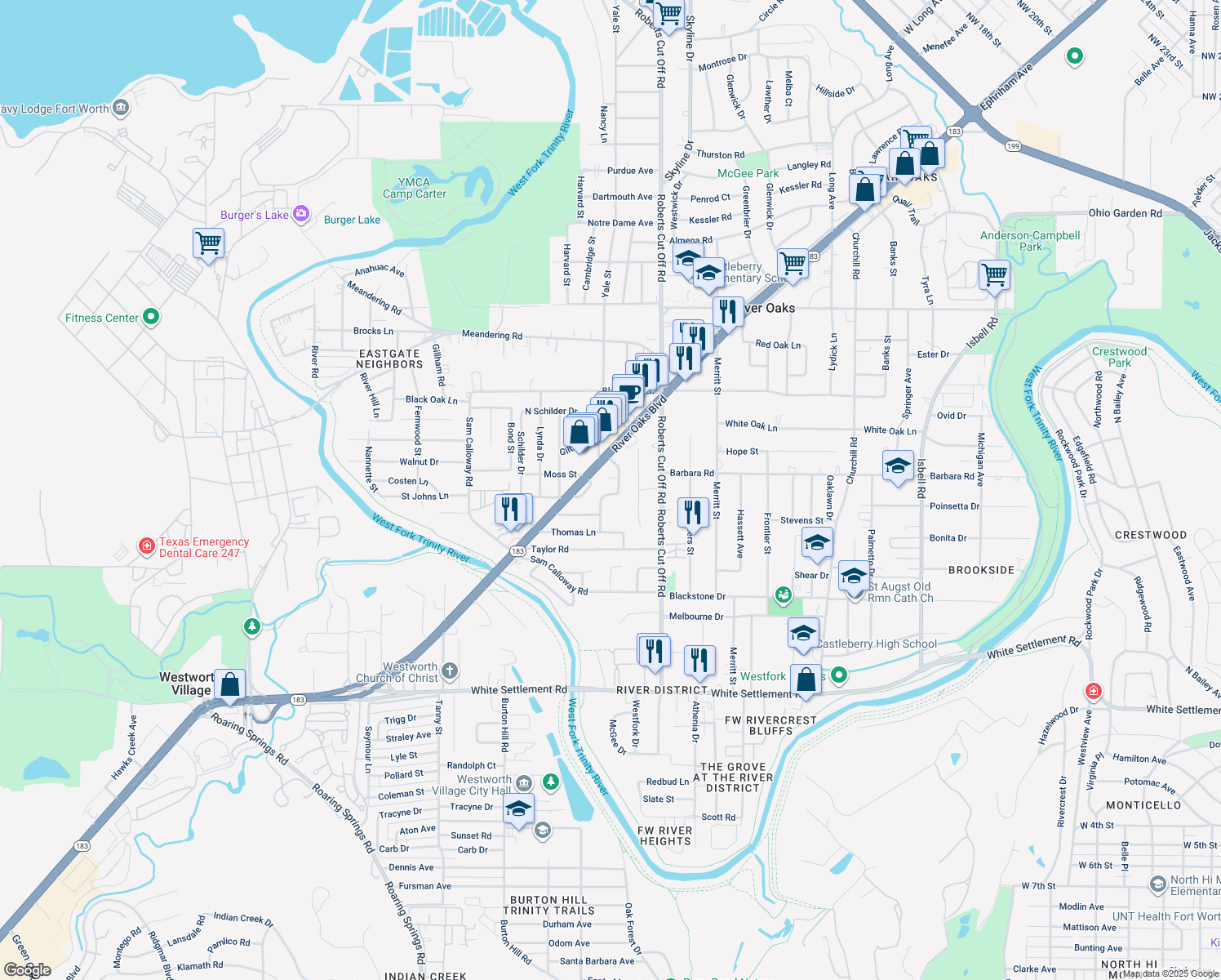 map of restaurants, bars, coffee shops, grocery stores, and more near 609 Schieme Street in River Oaks