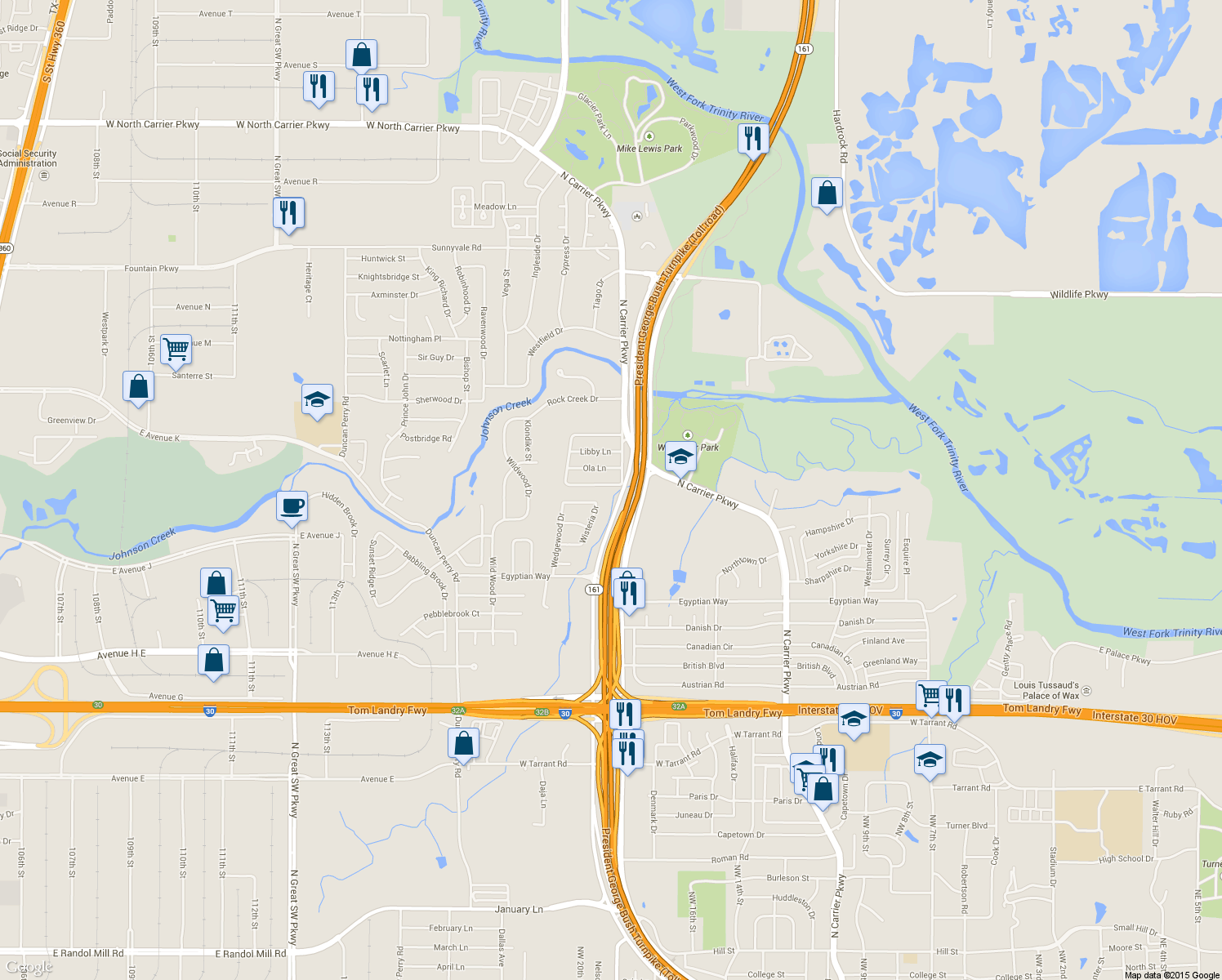map of restaurants, bars, coffee shops, grocery stores, and more near 1905 South Arbor Rose Drive in Grand Prairie